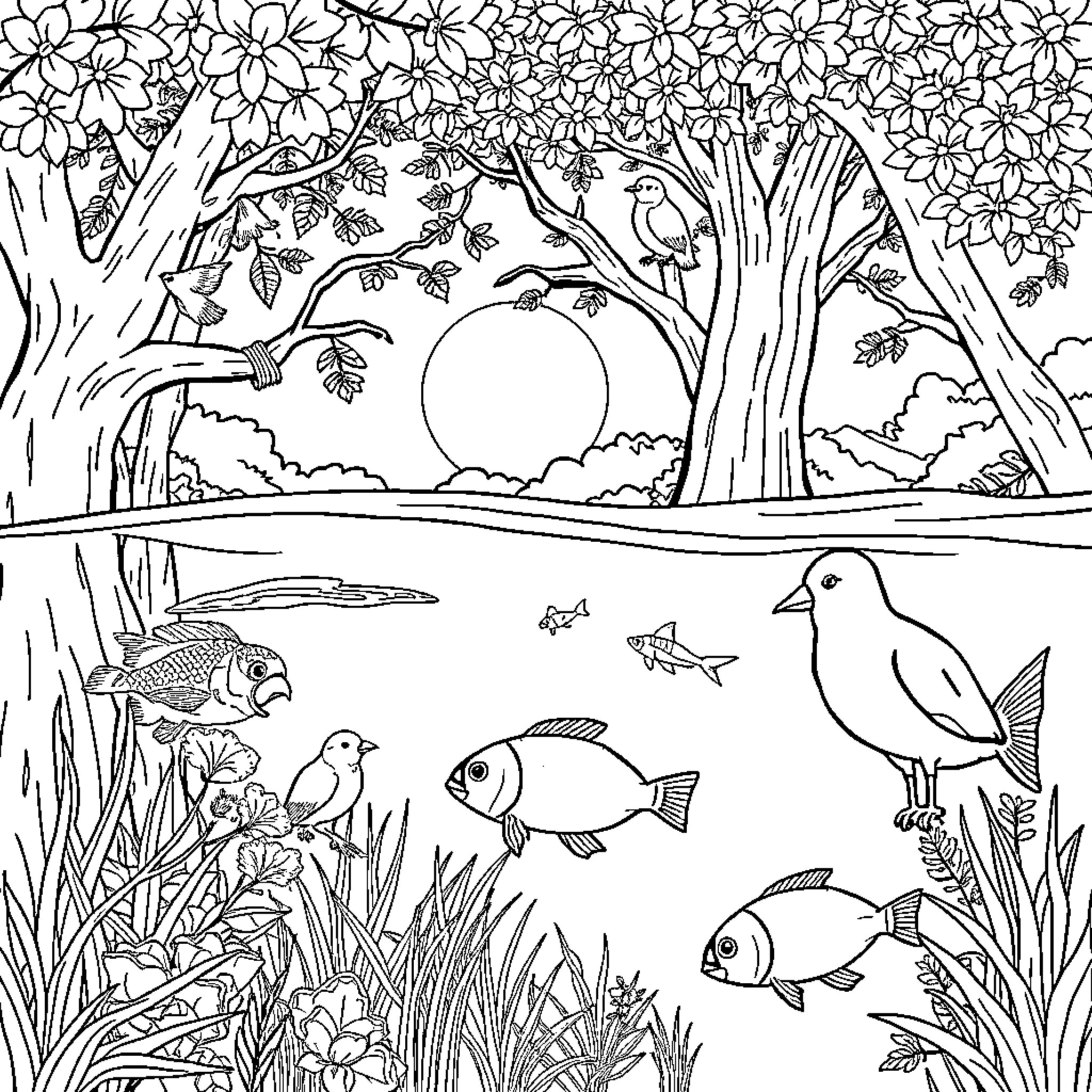 Animal scene with flowers, trees, and wildlife Coloring Page (free black-and-white line drawing printable PDF for all, from beginners to advanced learners, including children, teens, adults, and seniors)