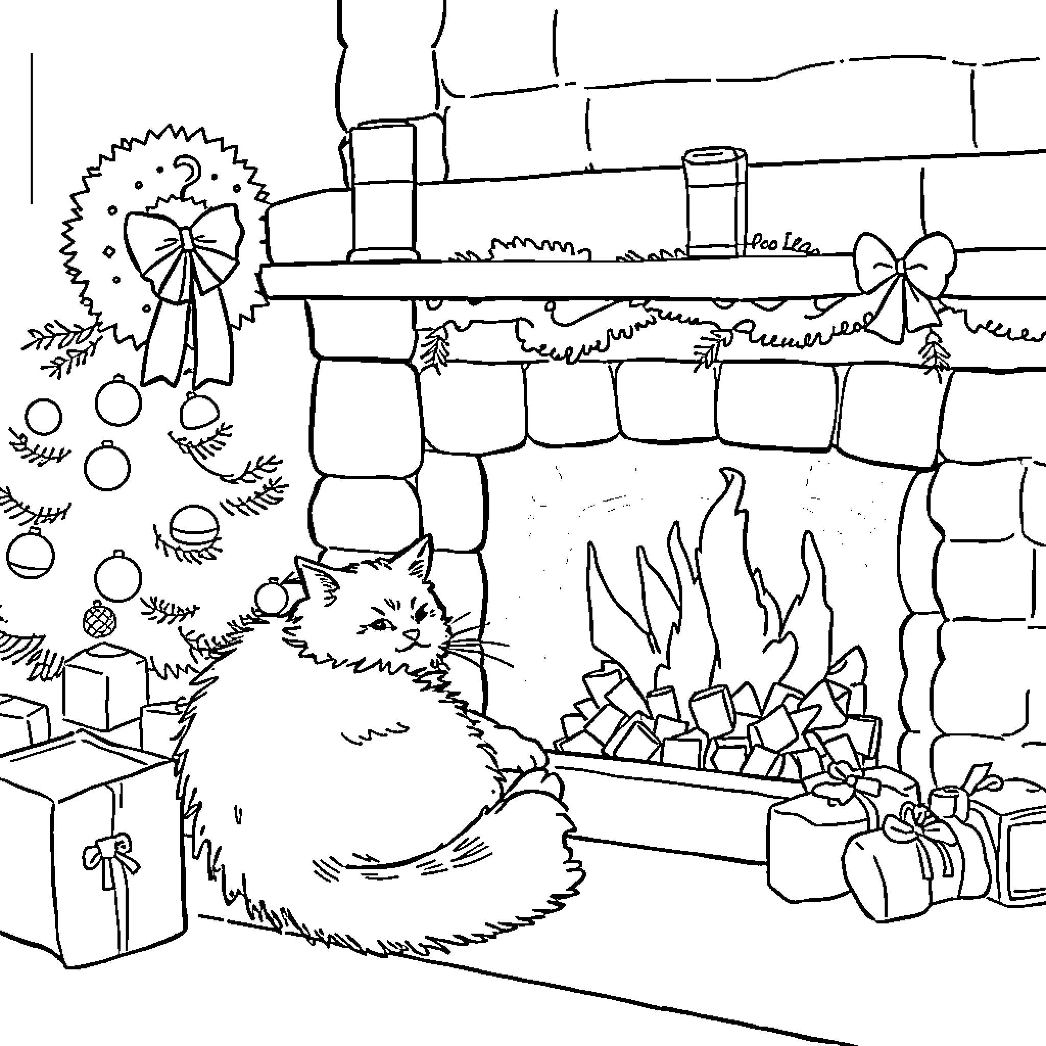 Cat enjoying cozy fireplace scene Coloring Page (free black-and-white line drawing printable PDF for all, from beginners to advanced learners, including children, teens, adults, and seniors)