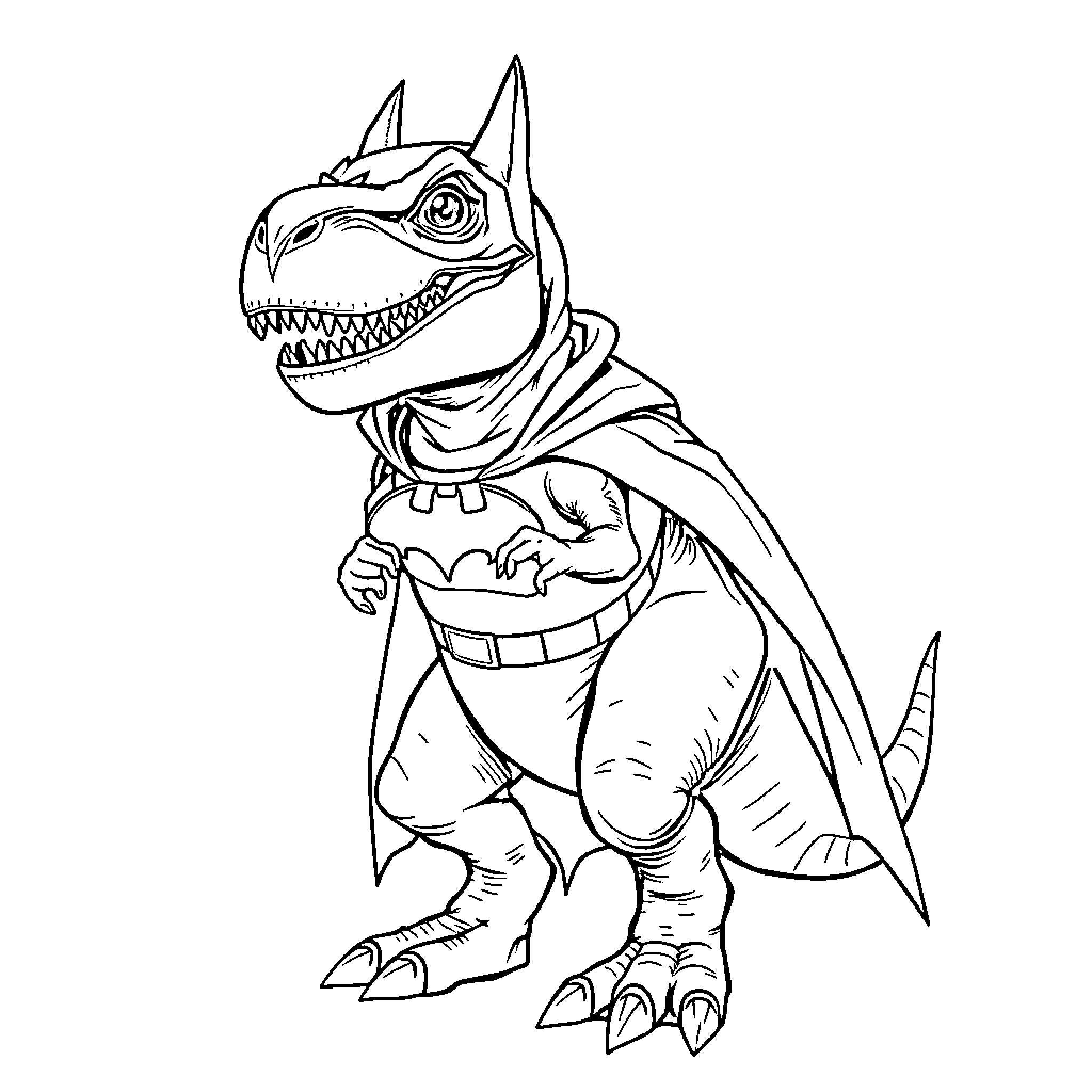 T-Rex in Superhero Costume Posing Heroically Coloring Page (free black-and-white line drawing printable PDF for all, from beginners to advanced learners, including children, teens, adults, and seniors)