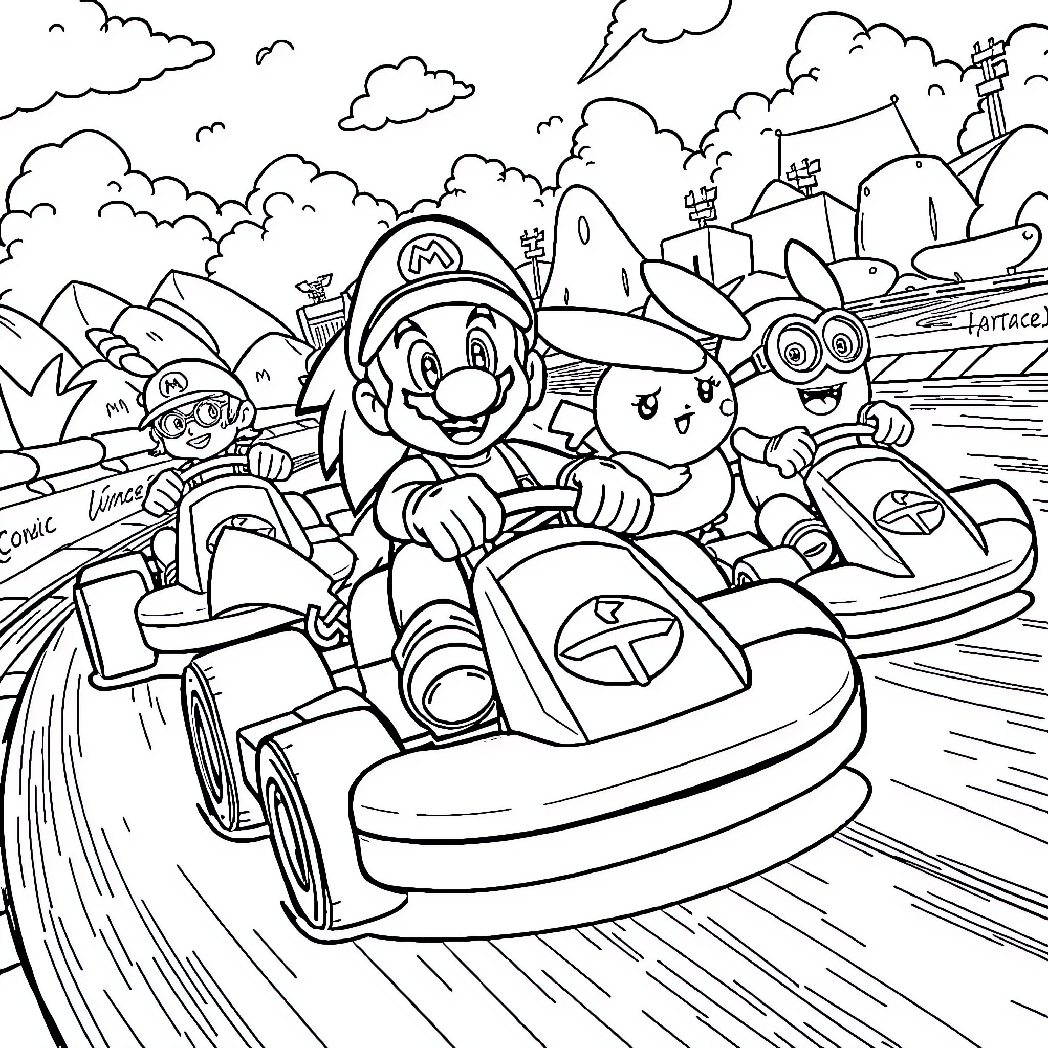 Kart Racing Adventure with Characters Coloring Page (free black-and-white line drawing printable PDF for all, from beginners to advanced learners, including children, teens, adults, and seniors)