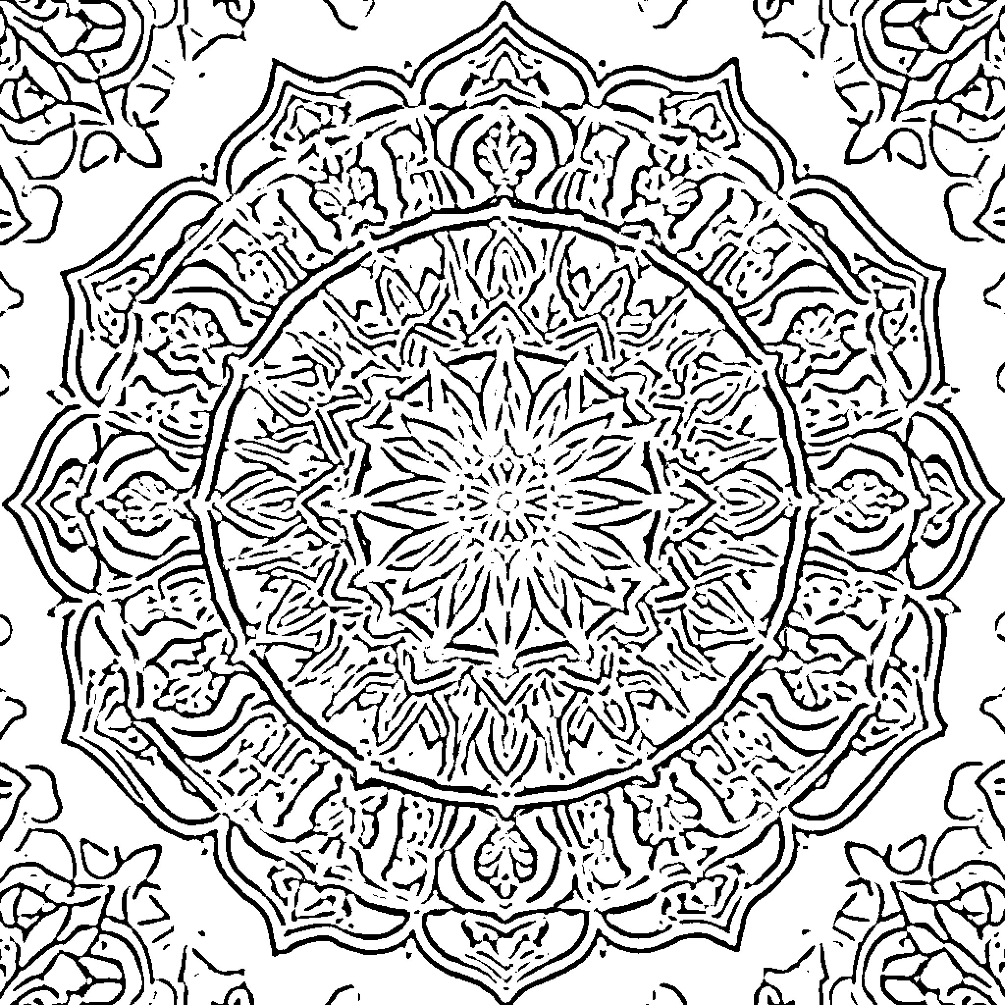 Mandala with intricate floral designs Coloring Page (free black-and-white line drawing printable PDF for all, from beginners to advanced learners, including children, teens, adults, and seniors)