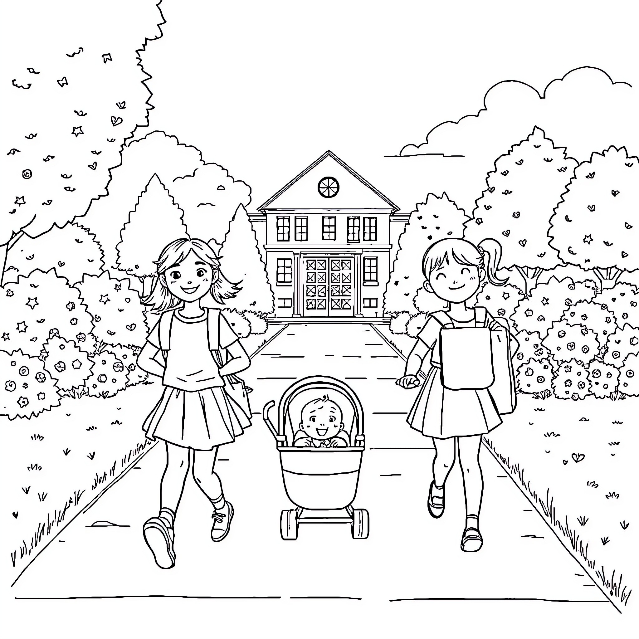 Girls Exploring Charming Neighborhood with Stroller Coloring Page (free black-and-white line drawing printable PDF for all, from beginners to advanced learners, including children, teens, adults, and seniors)
