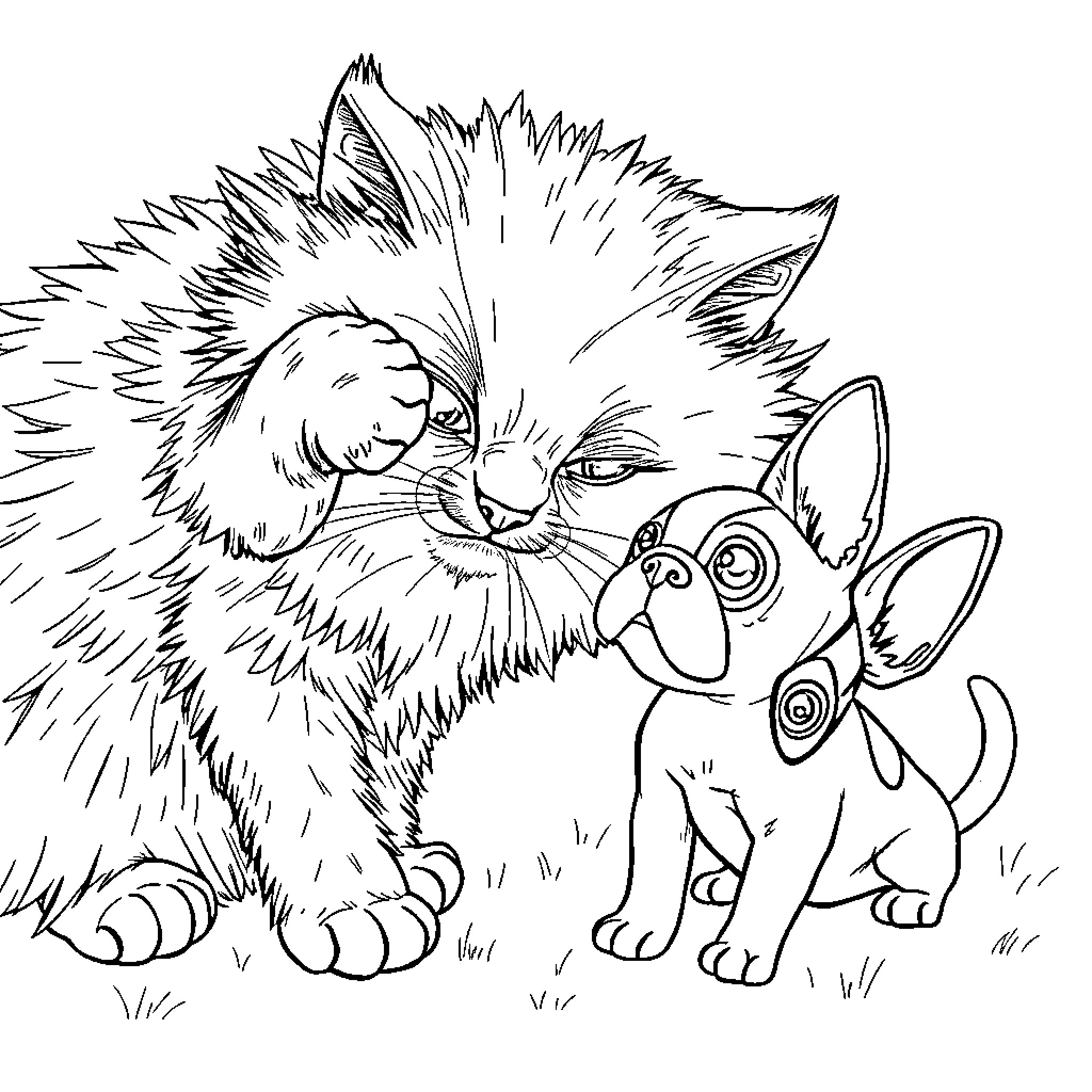 Cat and puppy in playful interaction Coloring Page (free black-and-white line drawing printable PDF for all, from beginners to advanced learners, including children, teens, adults, and seniors)