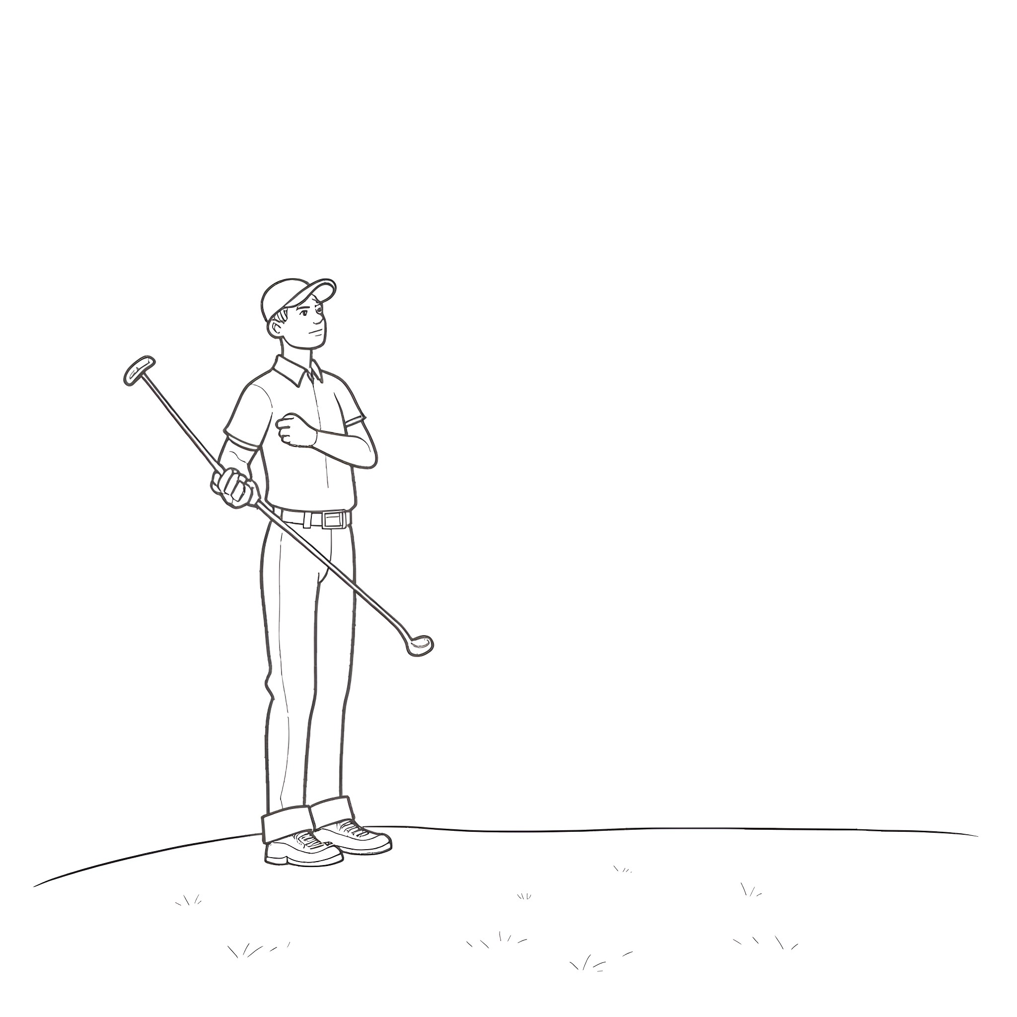 Golfer preparing to swing on the course Coloring Page (free black-and-white line drawing printable PDF for all, from beginners to advanced learners, including children, teens, adults, and seniors)