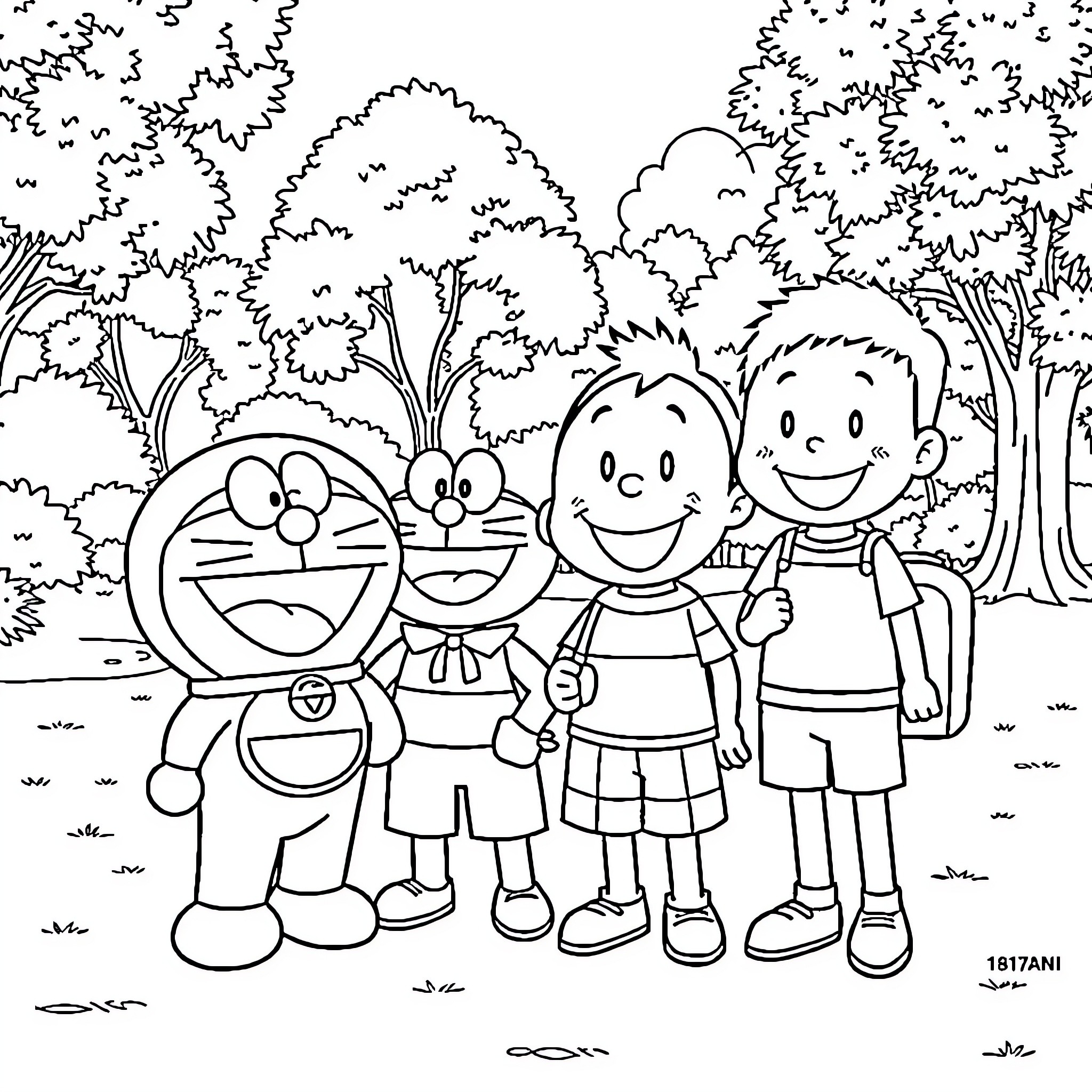 Doraemon and friends explore the enchanting forest Coloring Page (free black-and-white line drawing printable PDF for all, from beginners to advanced learners, including children, teens, adults, and seniors)