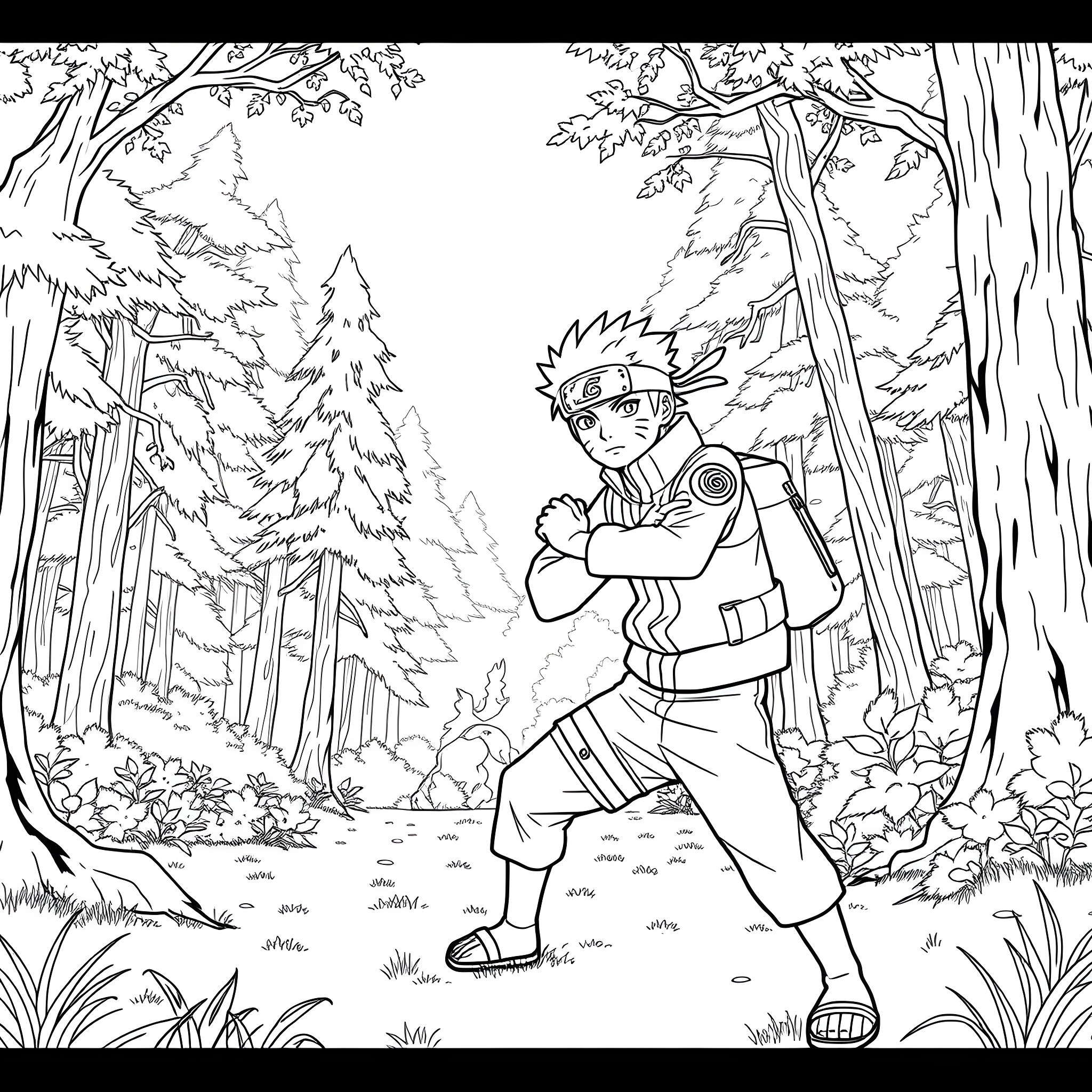 Naruto exploring the mysterious forest Coloring Page (free black-and-white line drawing printable PDF for all, from beginners to advanced learners, including children, teens, adults, and seniors)