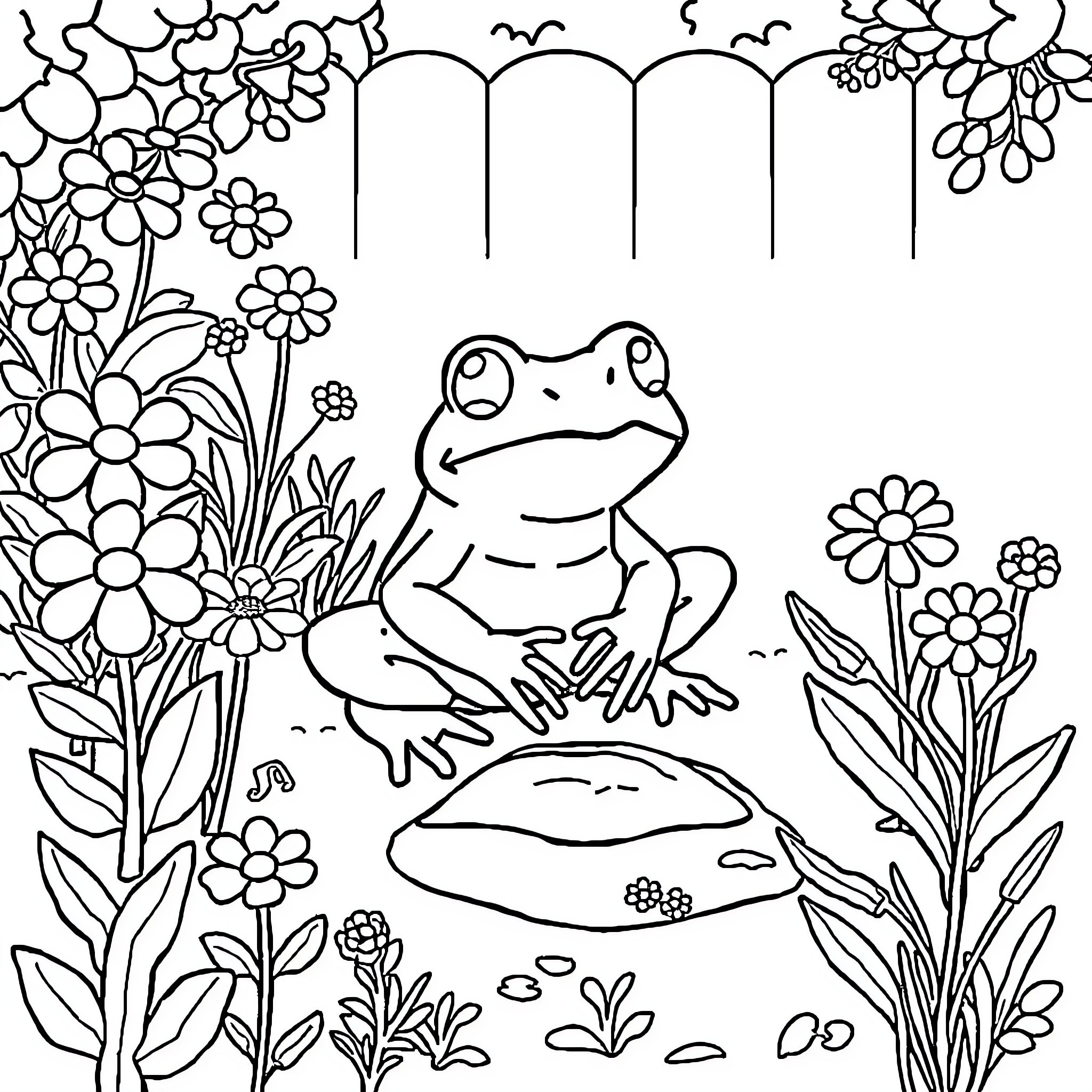 Frog sitting among colorful flowers Coloring Page (free black-and-white line drawing printable PDF for all, from beginners to advanced learners, including children, teens, adults, and seniors)