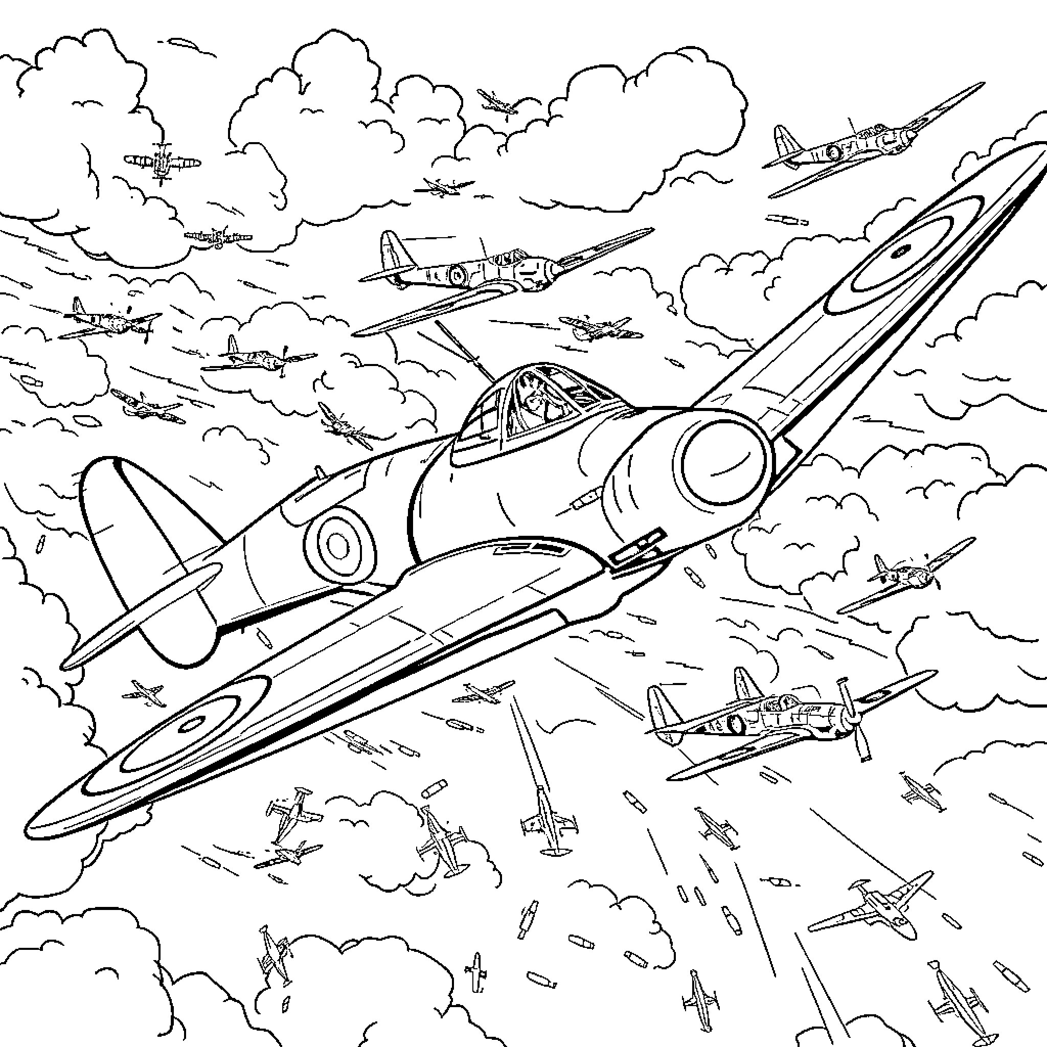 Spitfire Fighters in Aerial Combat Coloring Page (free black-and-white line drawing printable PDF for all, from beginners to advanced learners, including children, teens, adults, and seniors)