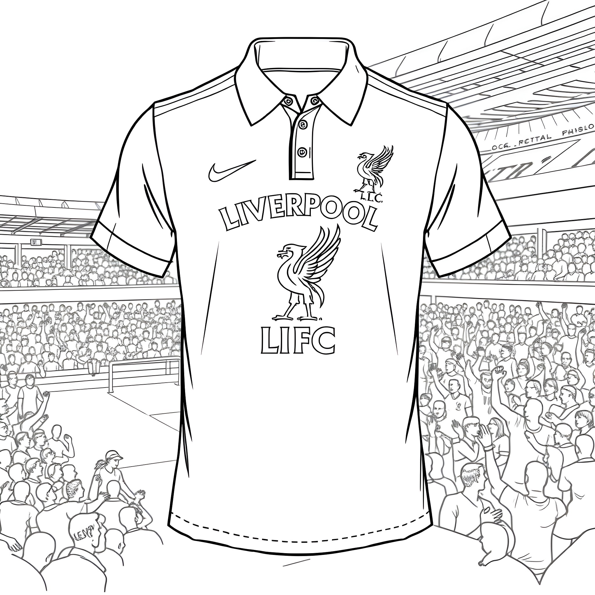 Liverpool football jersey in a stadium scene Coloring Page (free black-and-white line drawing printable PDF for all, from beginners to advanced learners, including children, teens, adults, and seniors)