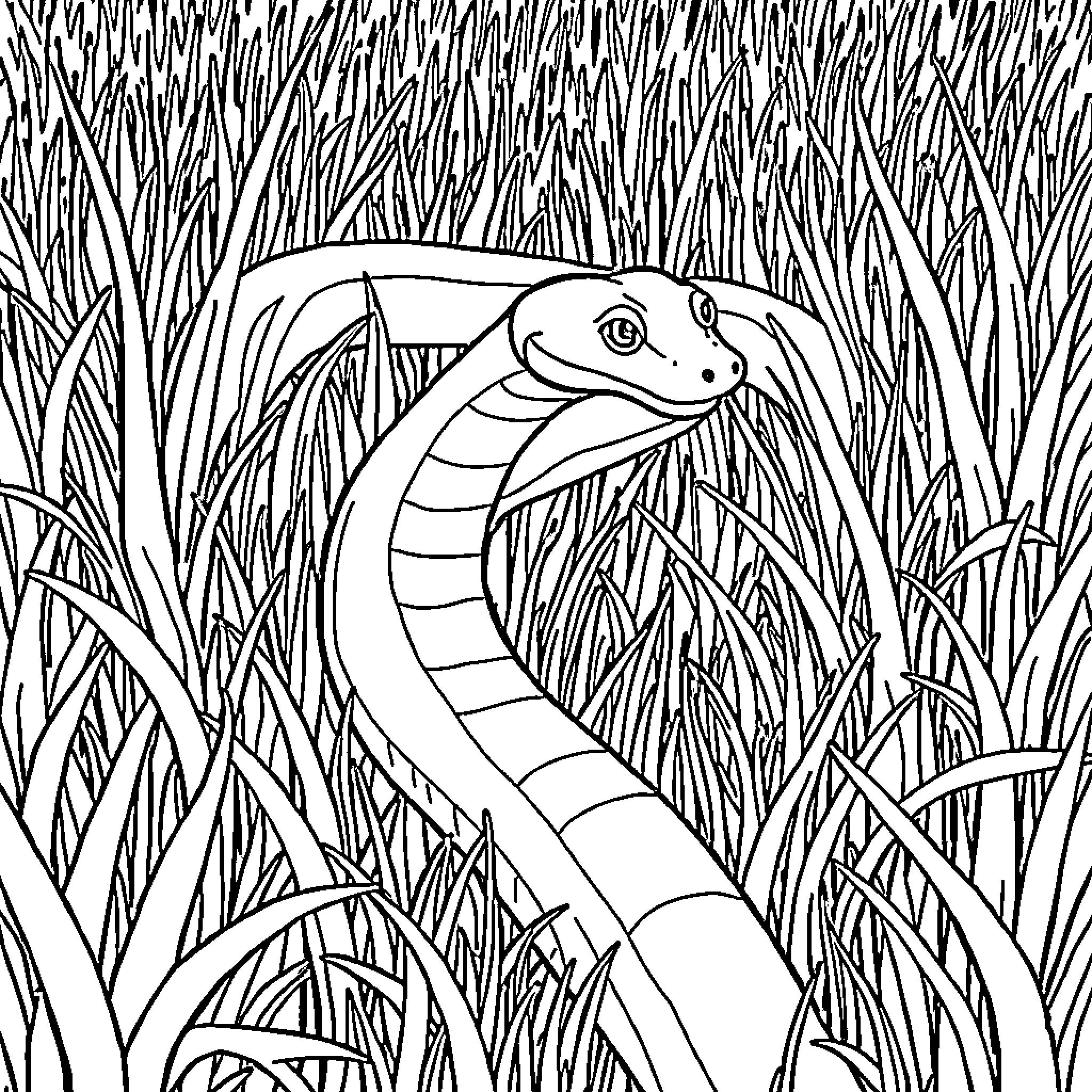 Snake slithering through tall grass Coloring Page (free black-and-white line drawing printable PDF for all, from beginners to advanced learners, including children, teens, adults, and seniors)