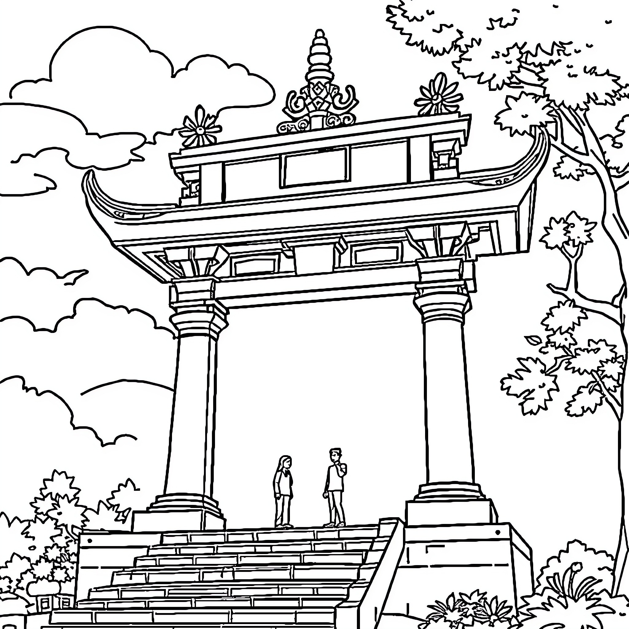 Orang standing by ornate pagoda in scenic landscape Coloring Page (free black-and-white line drawing printable PDF for all, from beginners to advanced learners, including children, teens, adults, and seniors)