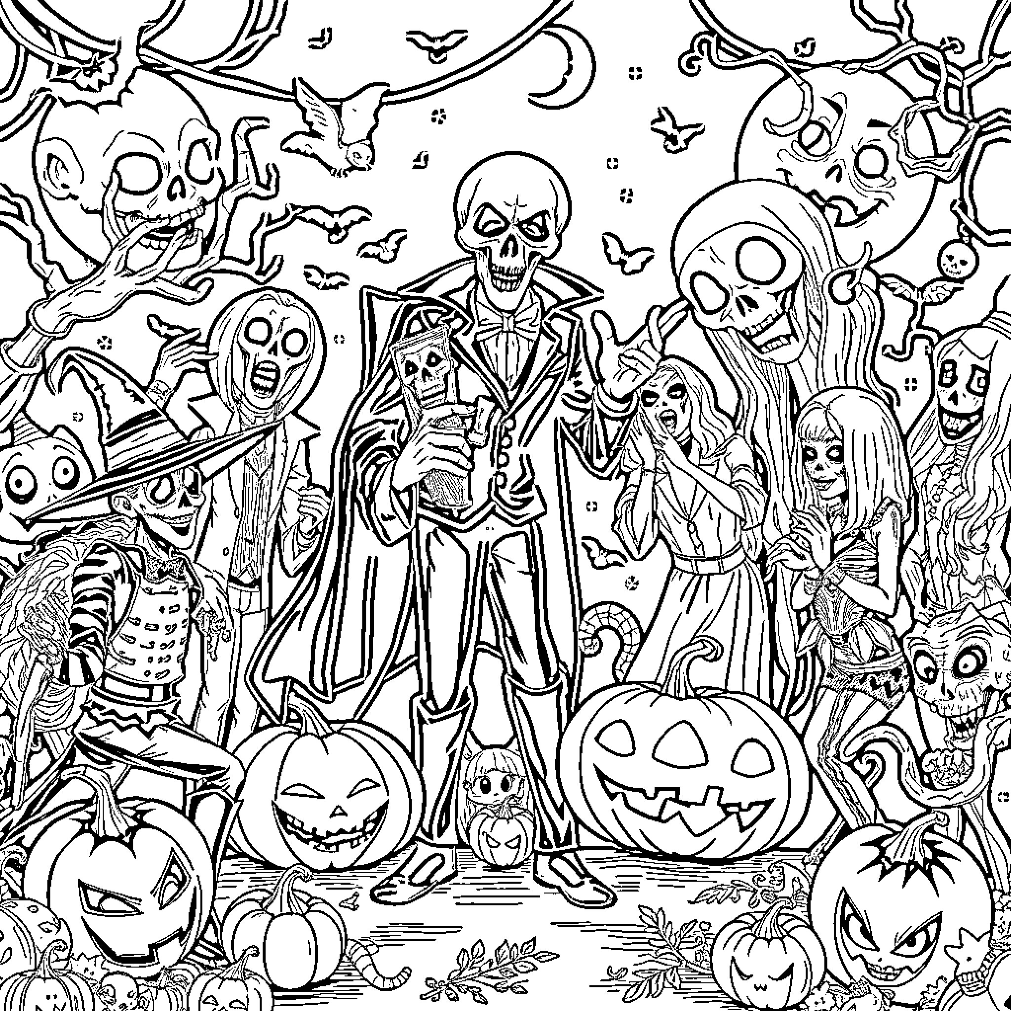 Halloween Spooky Celebration with Ghosts and Pumpkins Coloring Page (free black-and-white line drawing printable PDF for all, from beginners to advanced learners, including children, teens, adults, and seniors)