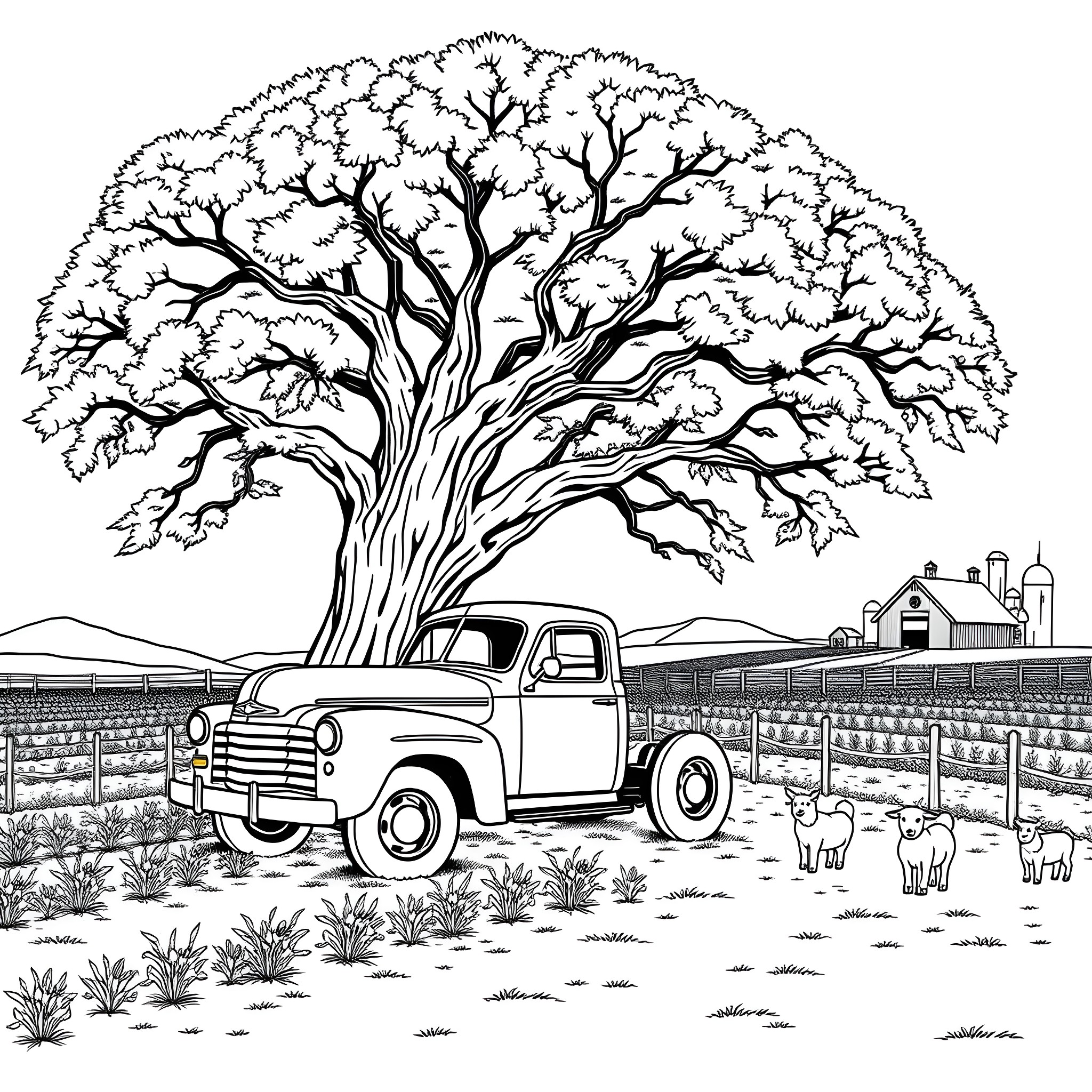 Farm Truck parked under a large, leafy tree Coloring Page (free black-and-white line drawing printable PDF for all, from beginners to advanced learners, including children, teens, adults, and seniors)