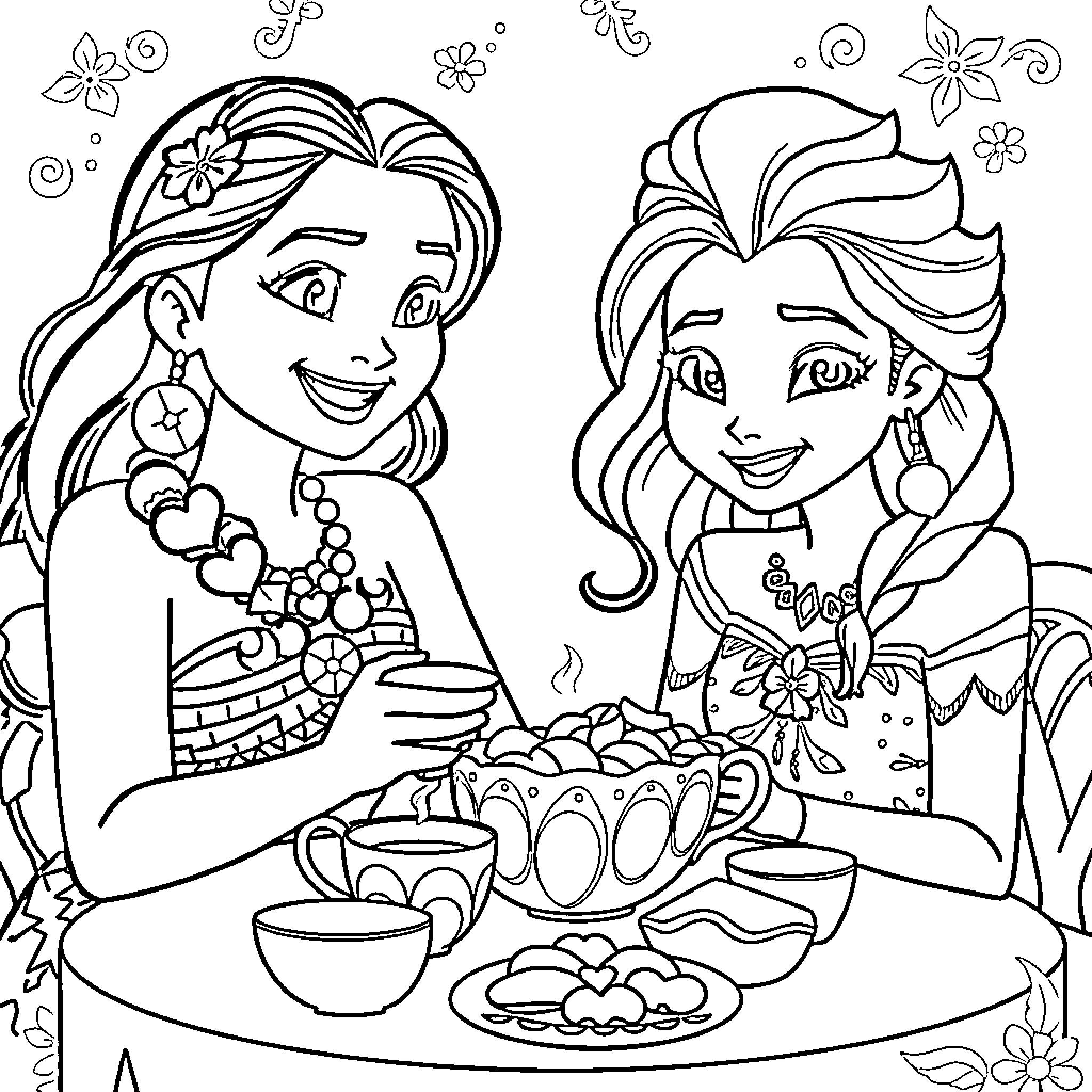 Moana and Elsa Enjoying Tropical Treats Together Coloring Page (free black-and-white line drawing printable PDF for all, from beginners to advanced learners, including children, teens, adults, and seniors)