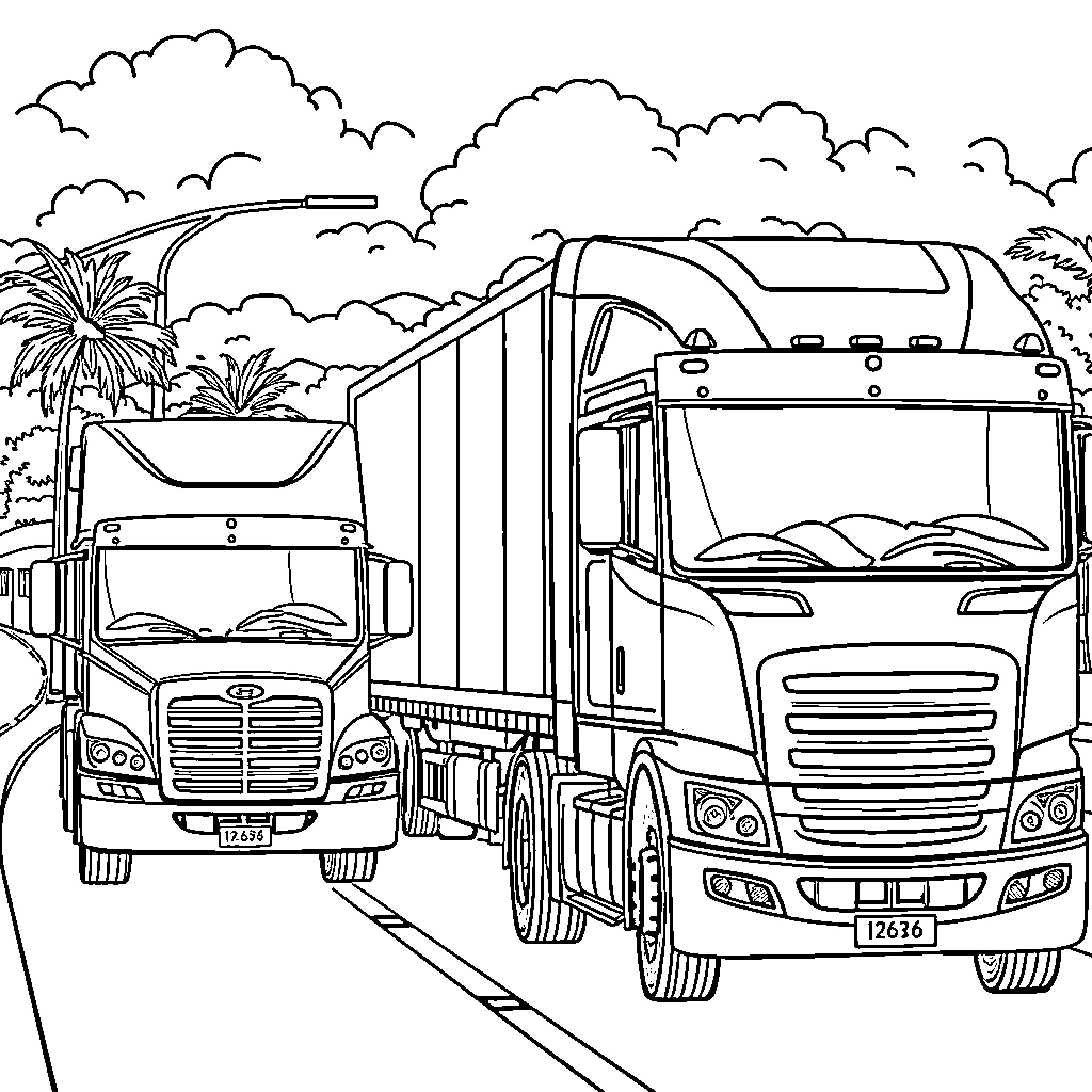 Vehicles traveling on a road through a tropical landscape Coloring Page (free black-and-white line drawing printable PDF for all, from beginners to advanced learners, including children, teens, adults, and seniors)