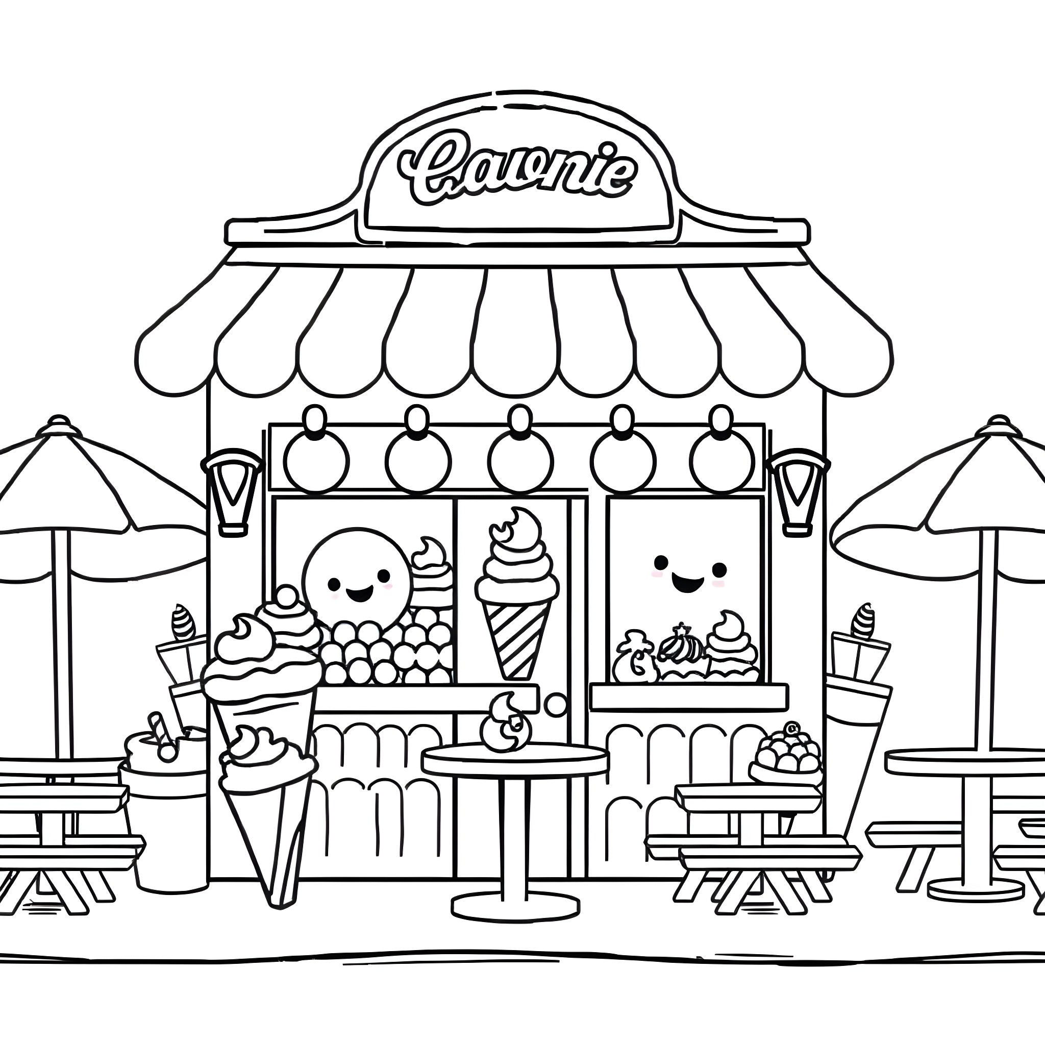 Ice Cream Cart Serving Sweets in the Park Coloring Page (free black-and-white line drawing printable PDF for all, from beginners to advanced learners, including children, teens, adults, and seniors)