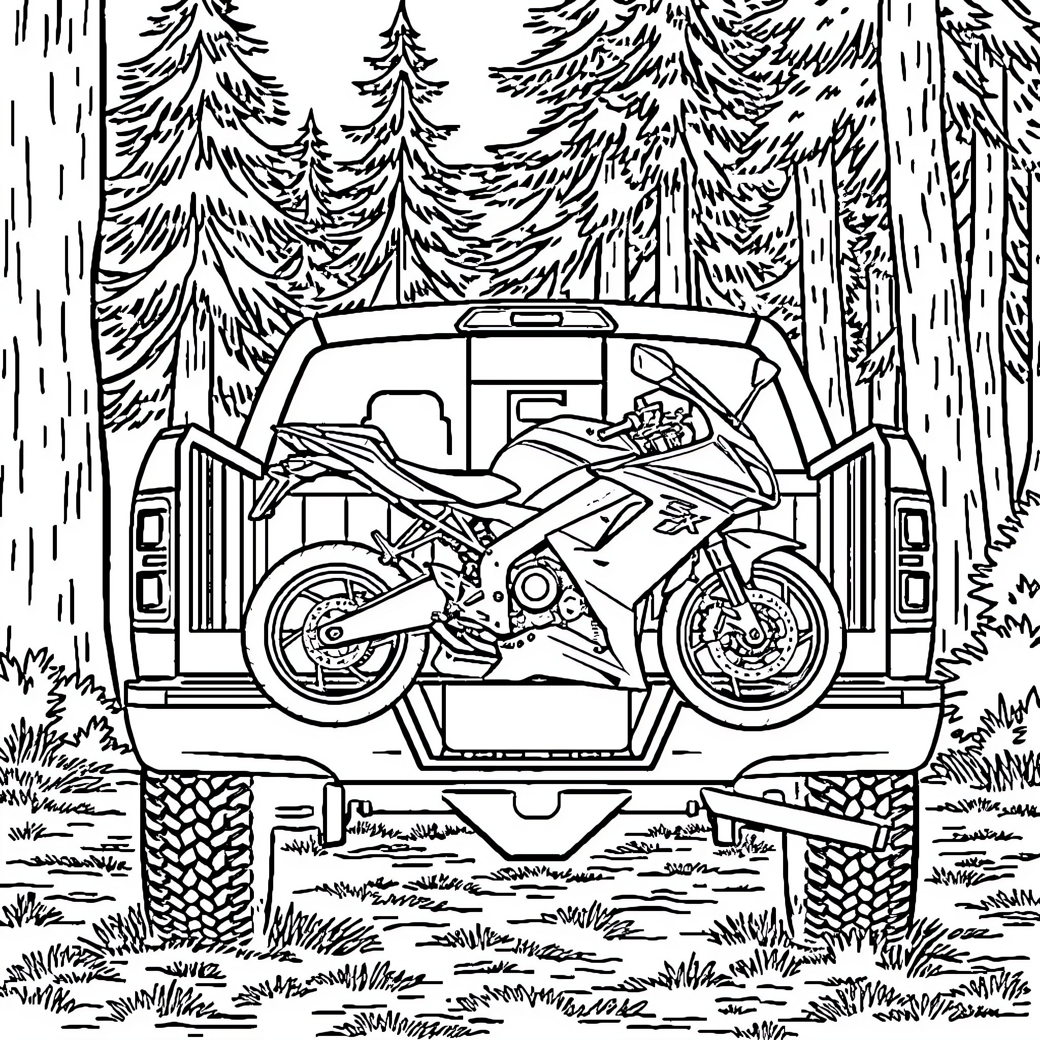 F150 carrying a motorcycle through a forest Coloring Page (free black-and-white line drawing printable PDF for all, from beginners to advanced learners, including children, teens, adults, and seniors)