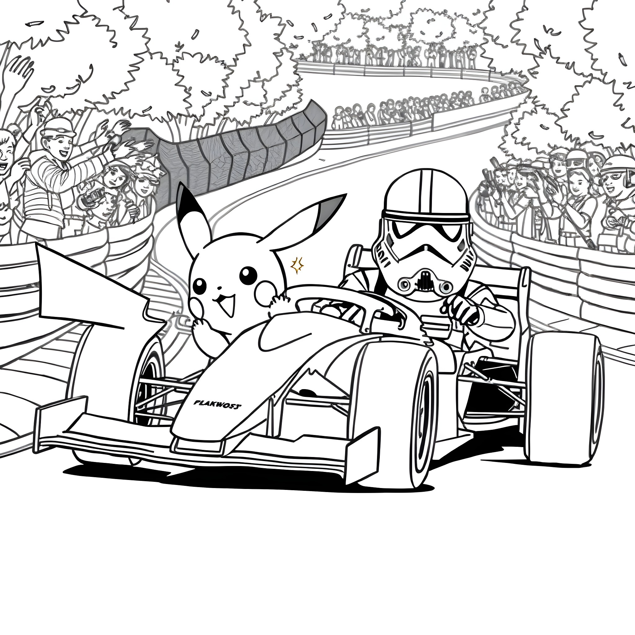 Pikachu racing against Stormtroopers in high-speed Formula race Coloring Page (free black-and-white line drawing printable PDF for all, from beginners to advanced learners, including children, teens, adults, and seniors)