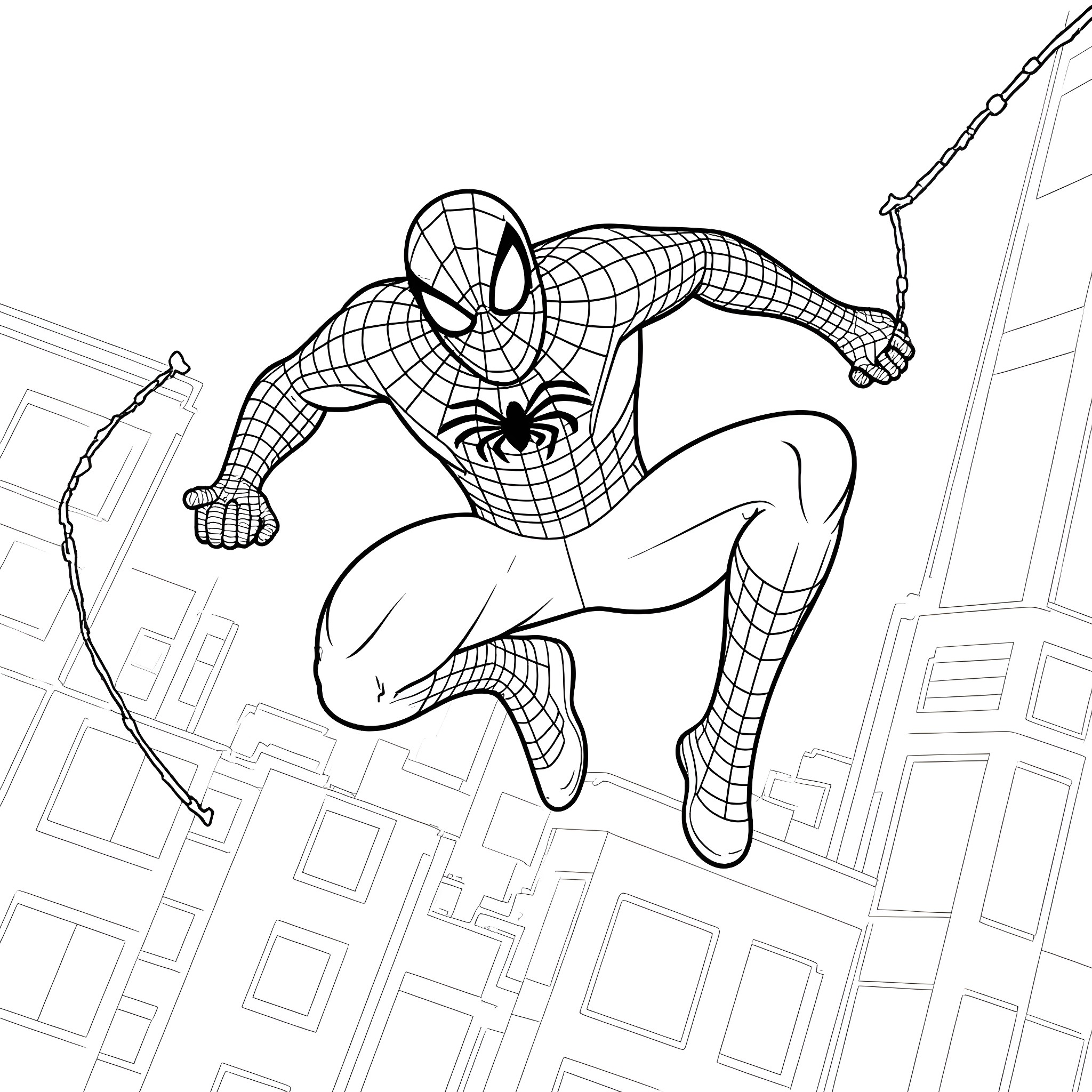 Spider-Man swinging heroically through the city Coloring Page (free black-and-white line drawing printable PDF for all, from beginners to advanced learners, including children, teens, adults, and seniors)