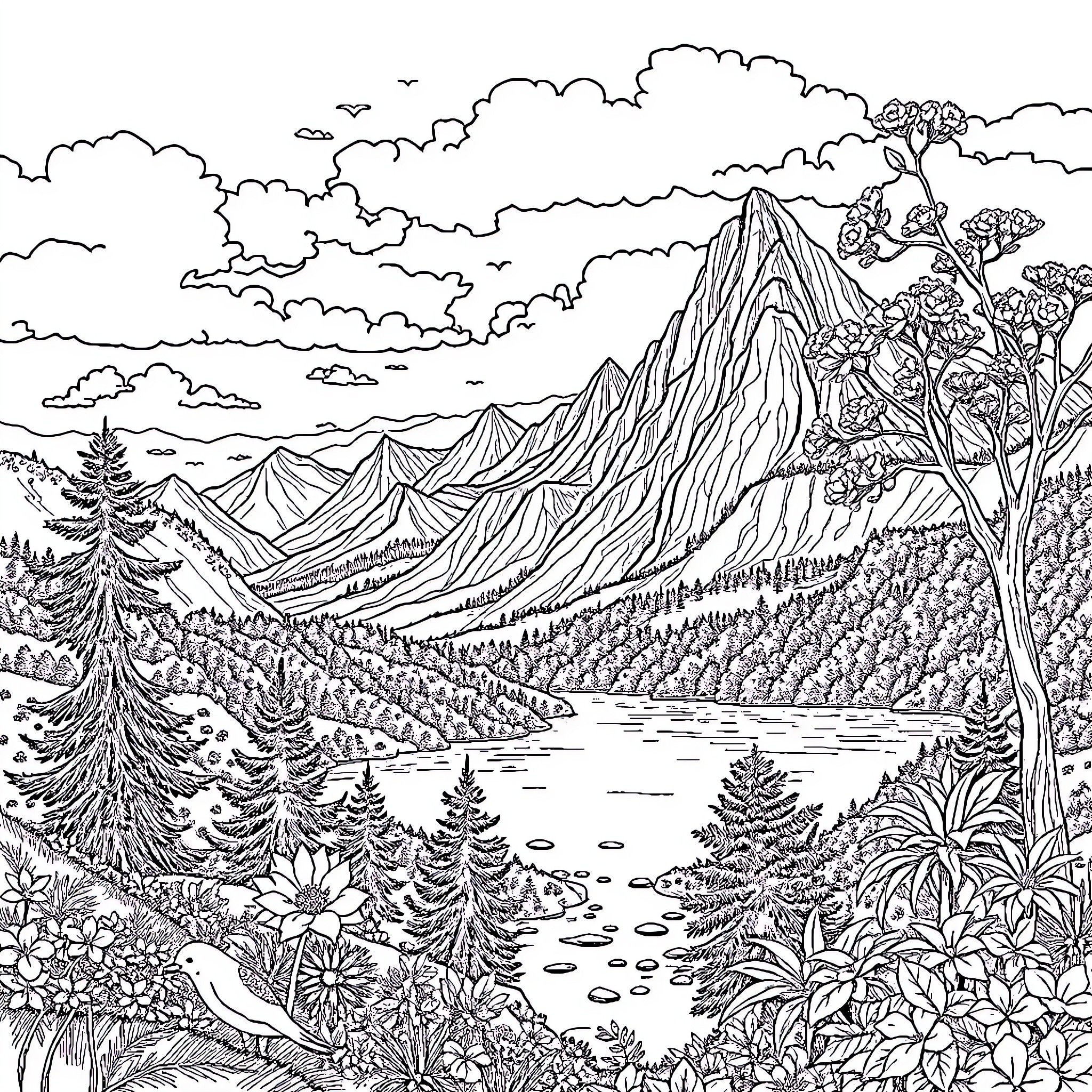 Scenery of a mountainous landscape with a lake and lush vegetation Coloring Page (free black-and-white line drawing printable PDF for all, from beginners to advanced learners, including children, teens, adults, and seniors)