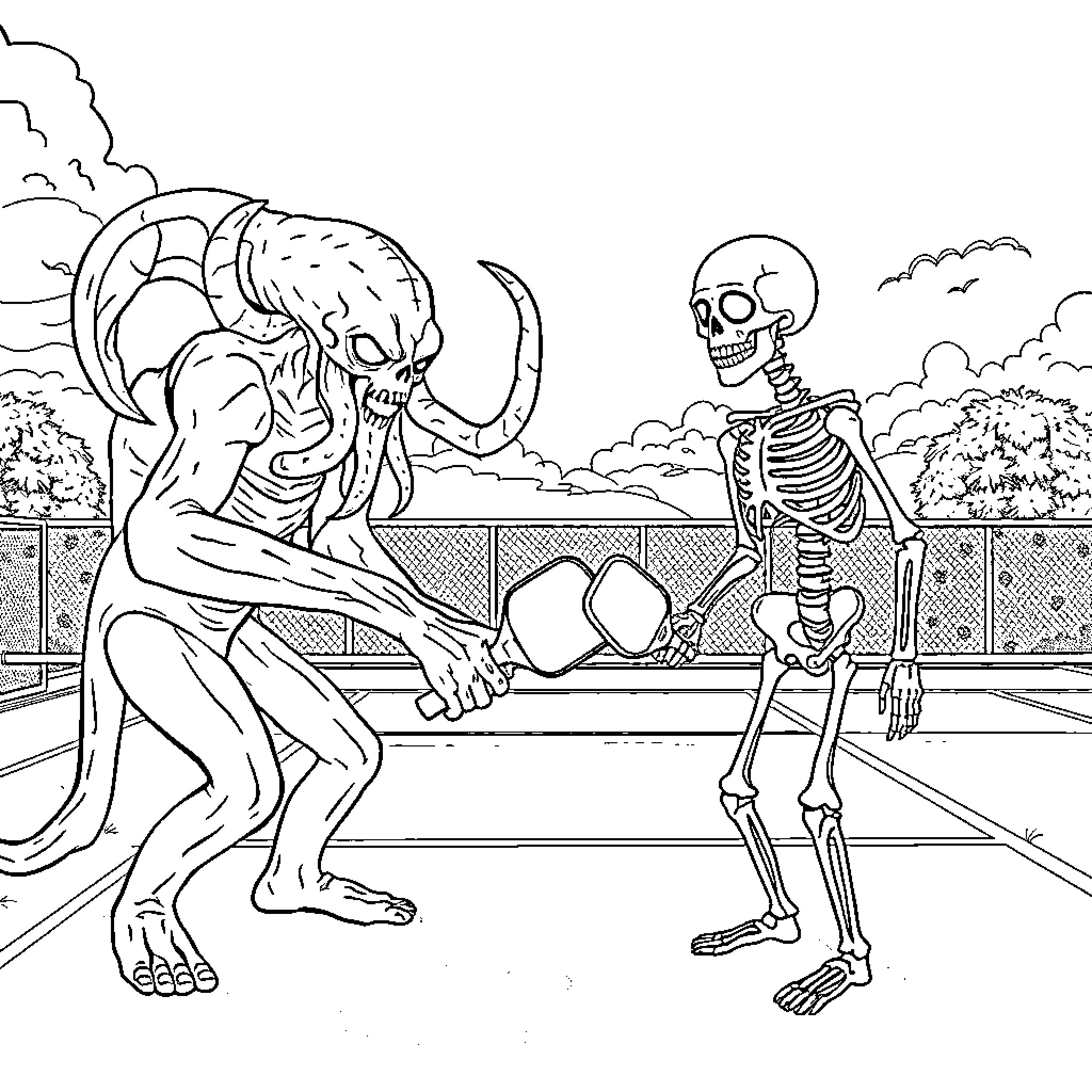 Cthulhu's Grim Challenge to Skeletal Opponent Coloring Page (free black-and-white line drawing printable PDF for all, from beginners to advanced learners, including children, teens, adults, and seniors)