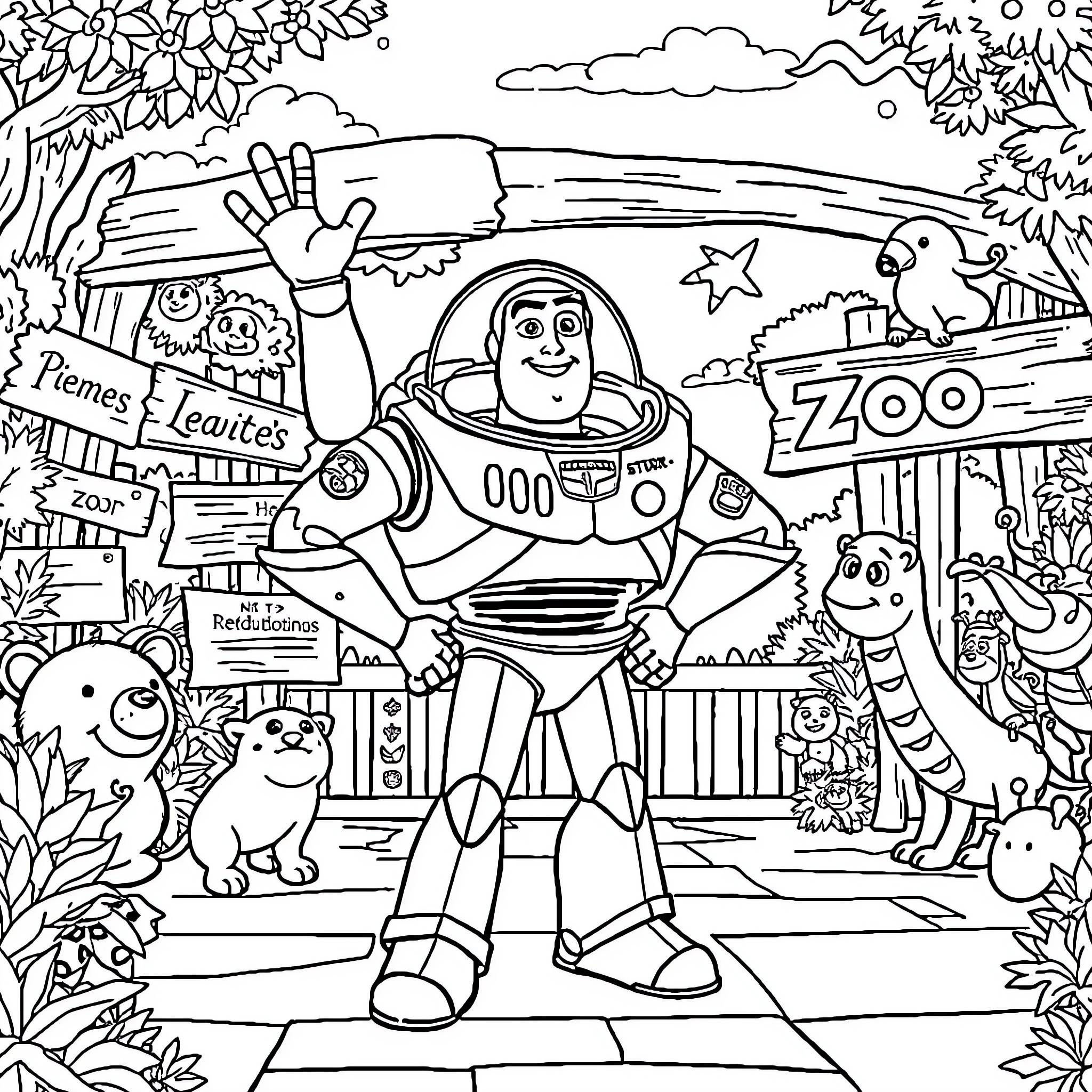 Buzz Lightyear visits the zoo and interacts with animals Coloring Page (free black-and-white line drawing printable PDF for all, from beginners to advanced learners, including children, teens, adults, and seniors)