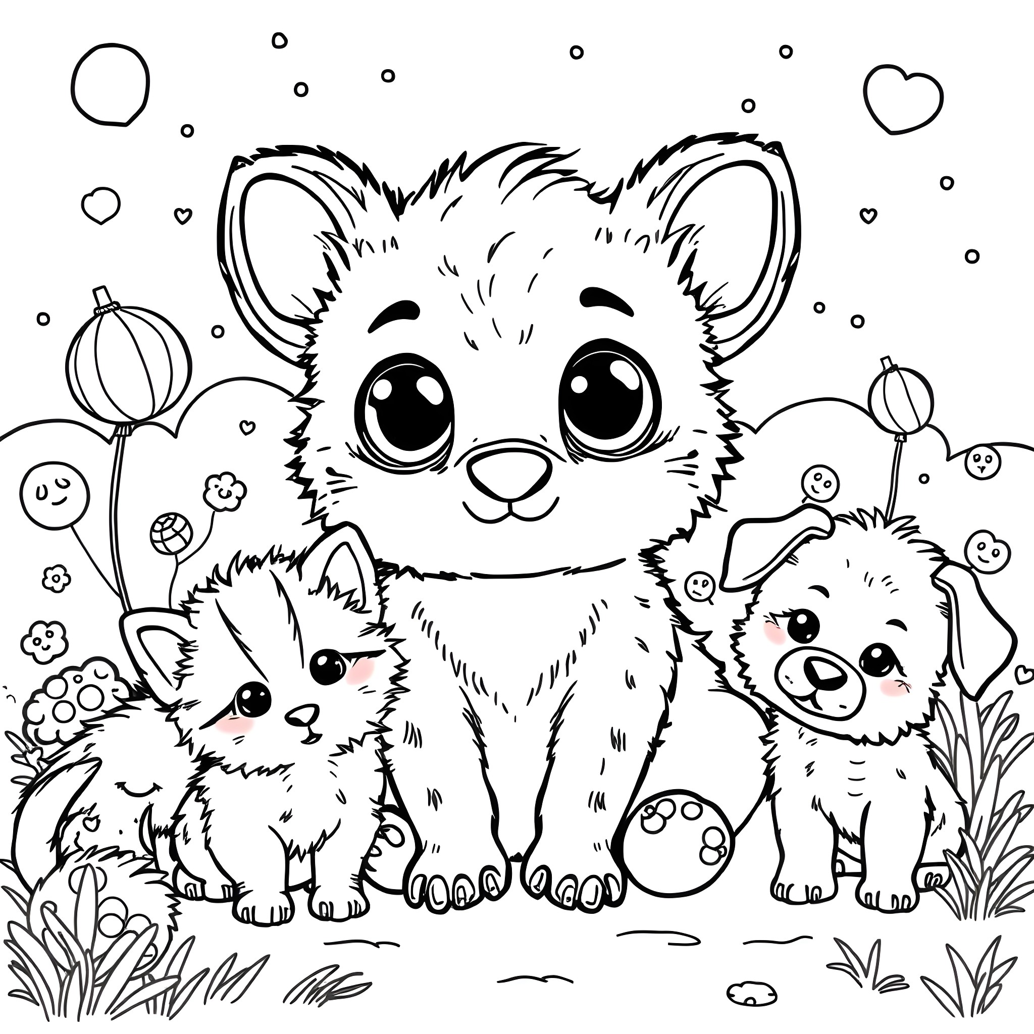 Animal family playing together in nature Coloring Page (free black-and-white line drawing printable PDF for all, from beginners to advanced learners, including children, teens, adults, and seniors)