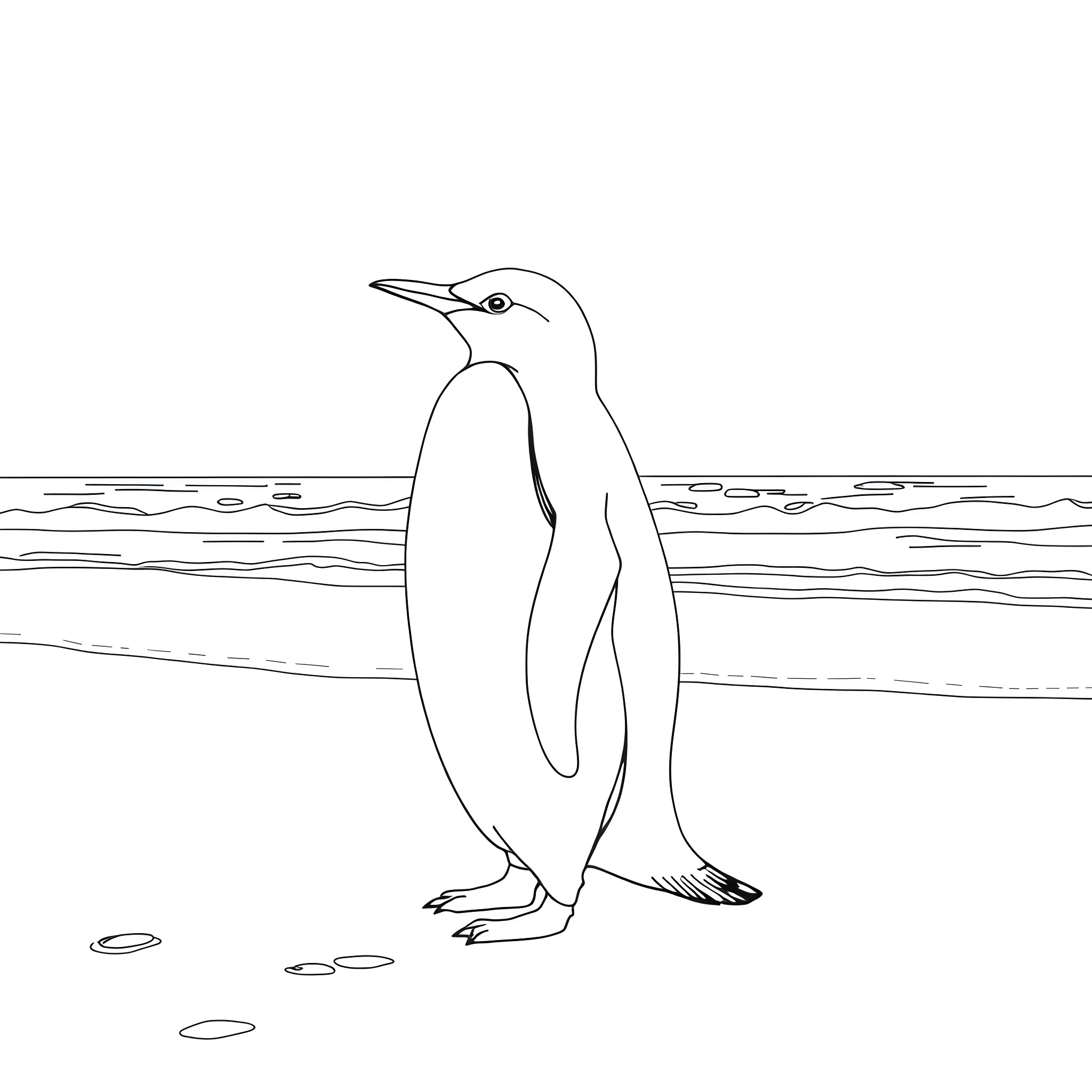Penguin standing tall in the water Coloring Page (free black-and-white line drawing printable PDF for all, from beginners to advanced learners, including children, teens, adults, and seniors)