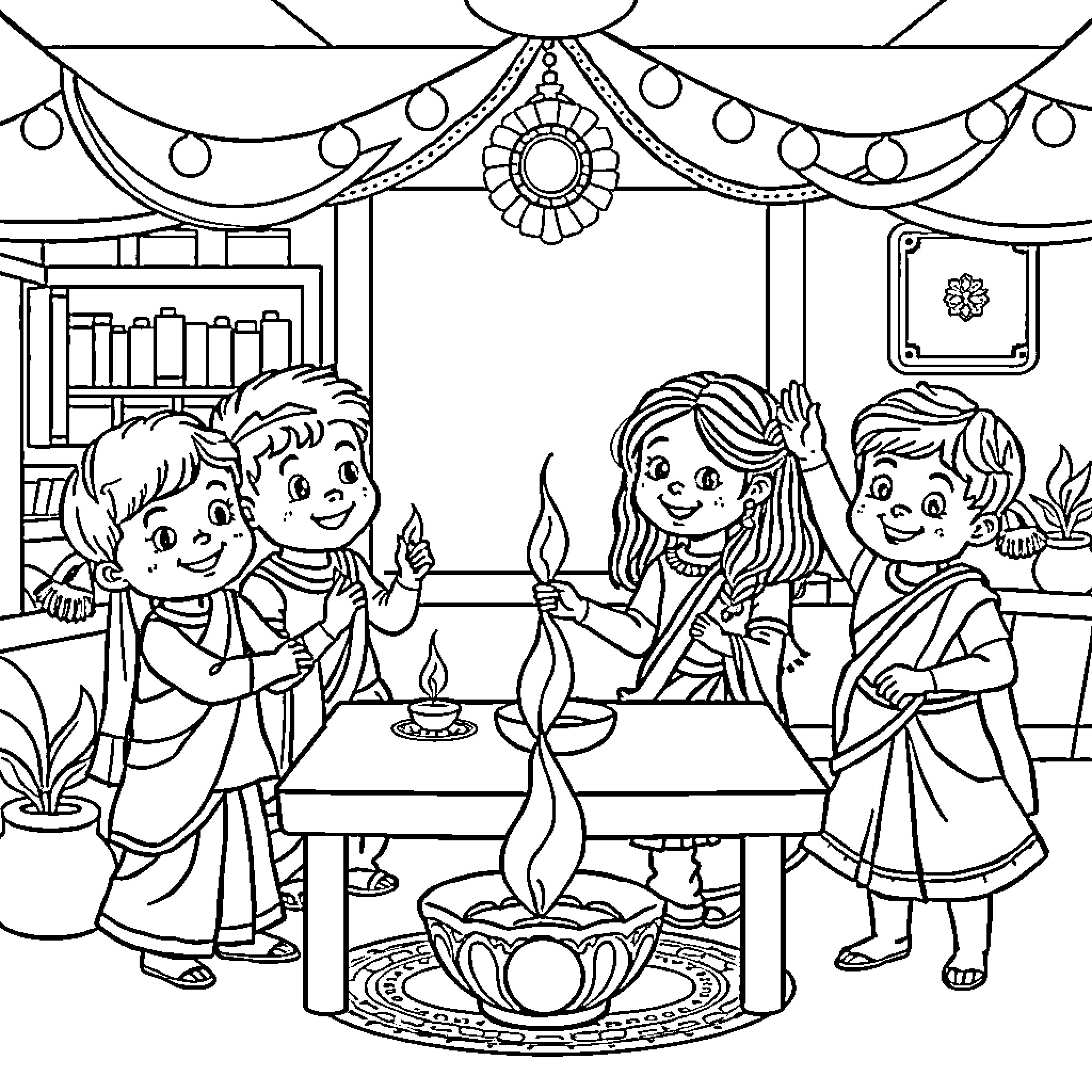 Diwali celebration with family and traditions Coloring Page (free black-and-white line drawing printable PDF for all, from beginners to advanced learners, including children, teens, adults, and seniors)