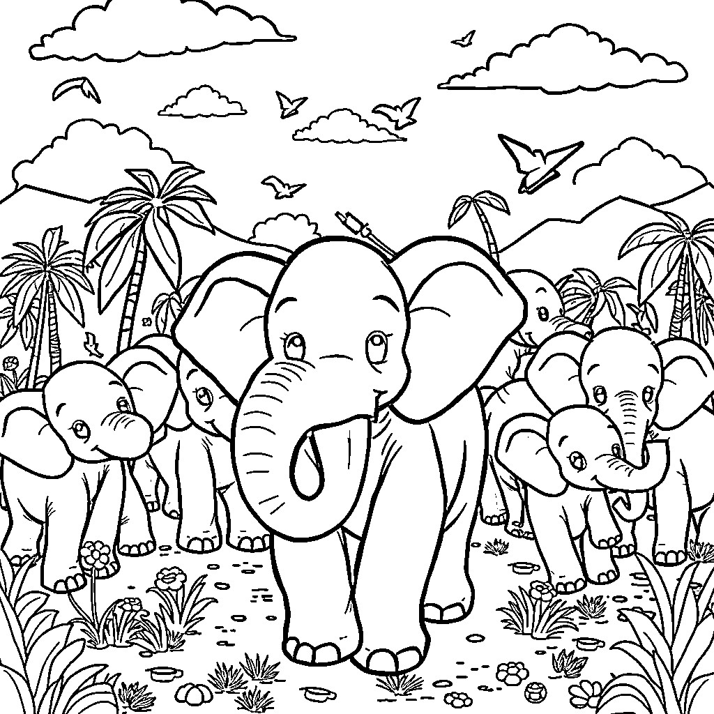 Elephant family in the tropical jungle Coloring Page (free black-and-white line drawing printable PDF for all, from beginners to advanced learners, including children, teens, adults, and seniors)