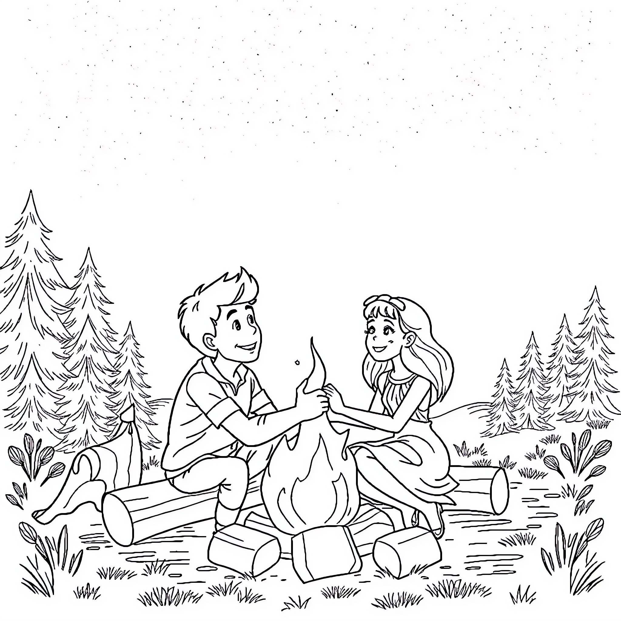 Couple sharing a romantic moment in the forest Coloring Page (free black-and-white line drawing printable PDF for all, from beginners to advanced learners, including children, teens, adults, and seniors)