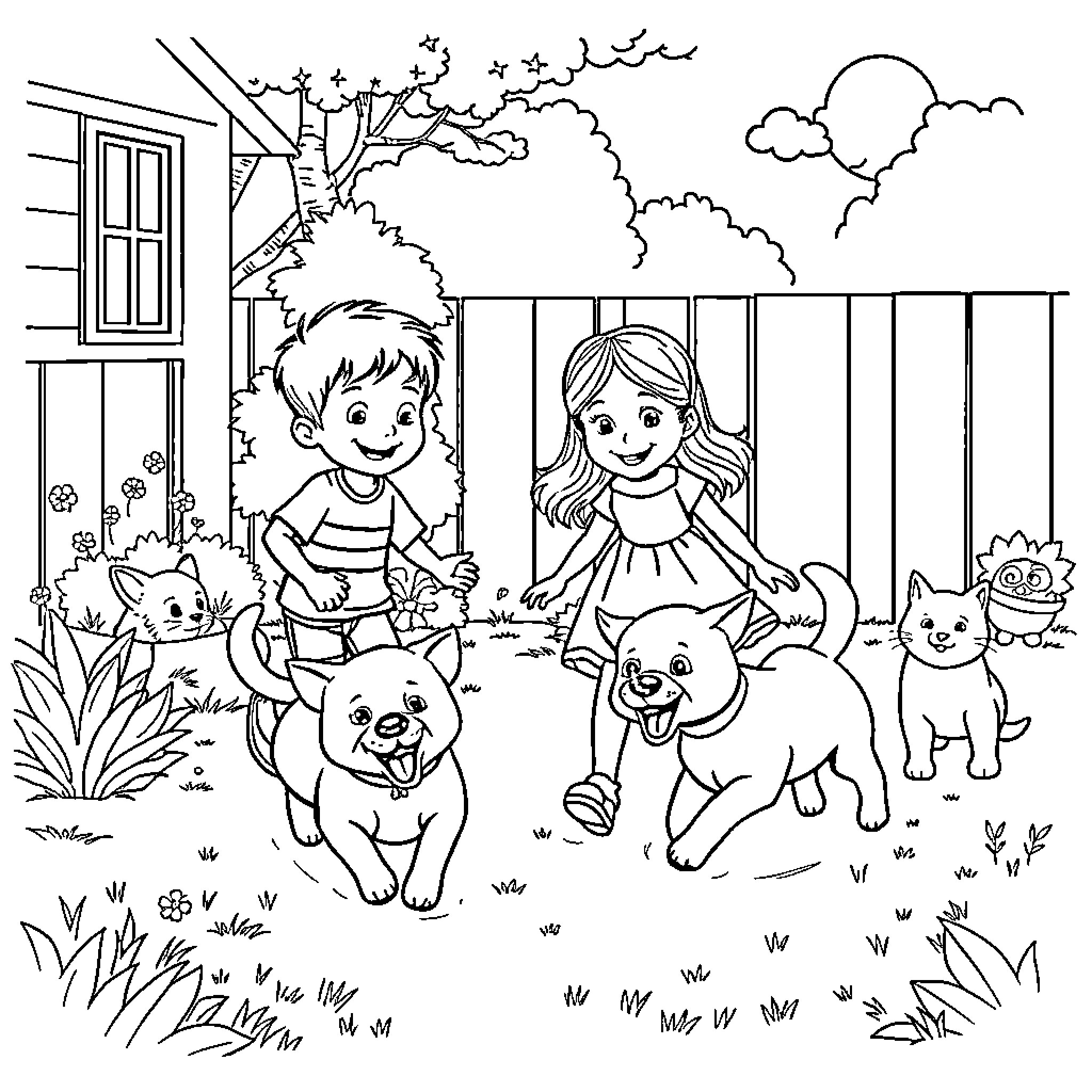Brother and Sister Playing with Pets in the Yard Coloring Page (free black-and-white line drawing printable PDF for all, from beginners to advanced learners, including children, teens, adults, and seniors)