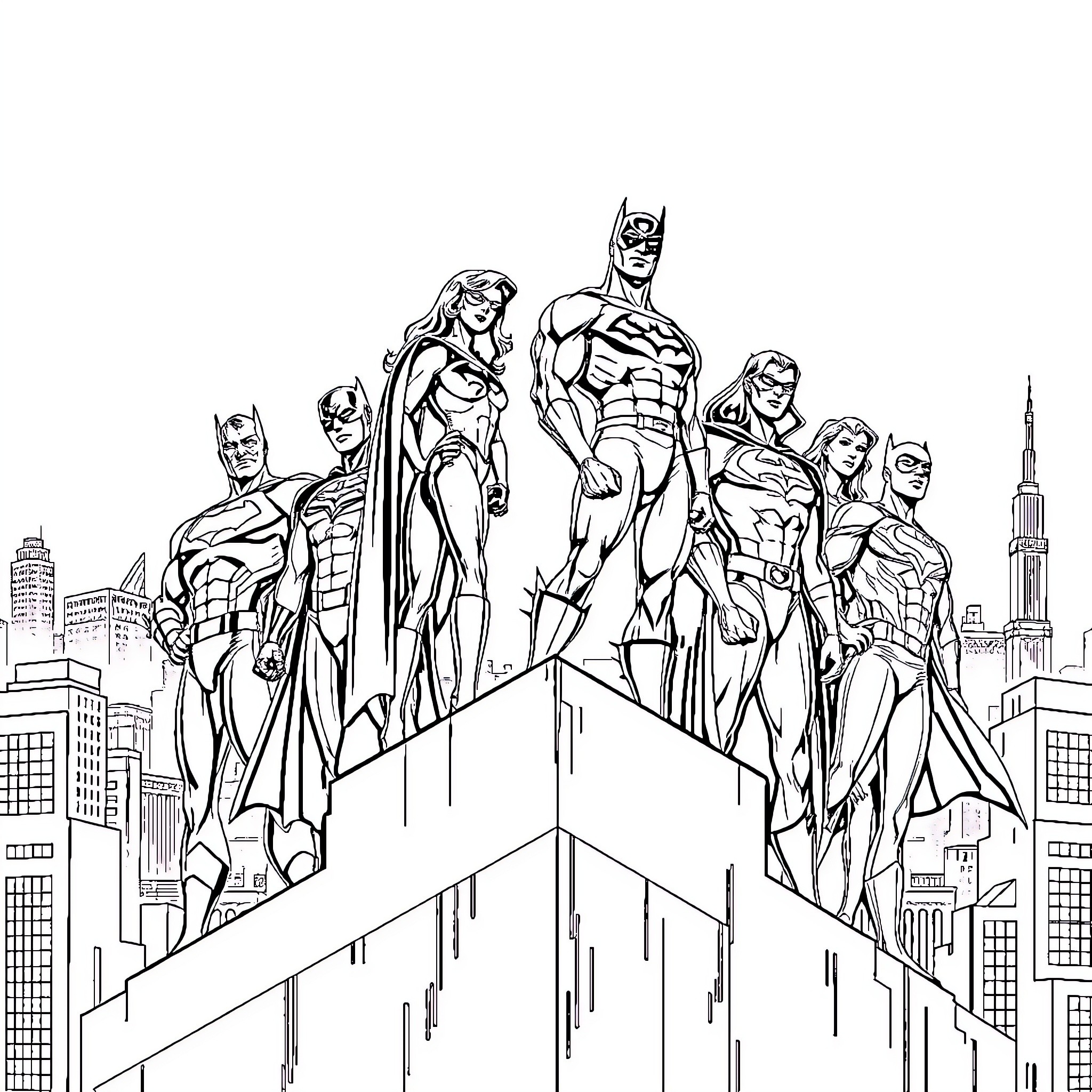Justice League Heroes Assemble in the City Coloring Page (free black-and-white line drawing printable PDF for all, from beginners to advanced learners, including children, teens, adults, and seniors)