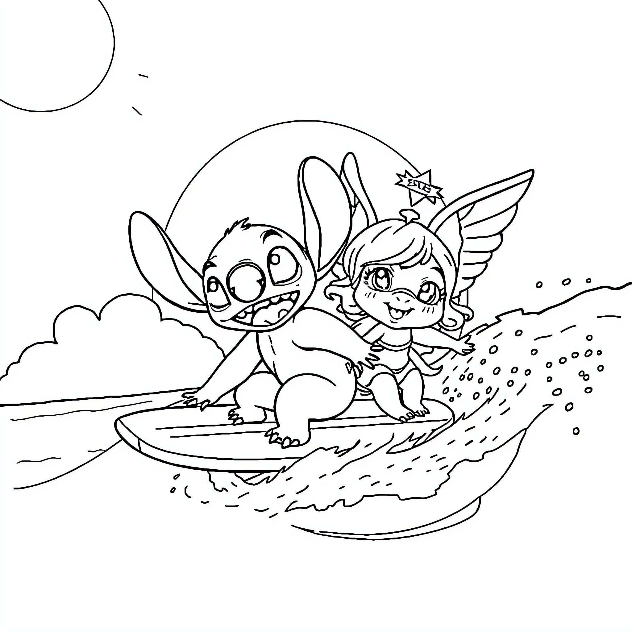 Stitch and Fairy Surfing on a Wave Coloring Page (free black-and-white line drawing printable PDF for all, from beginners to advanced learners, including children, teens, adults, and seniors)