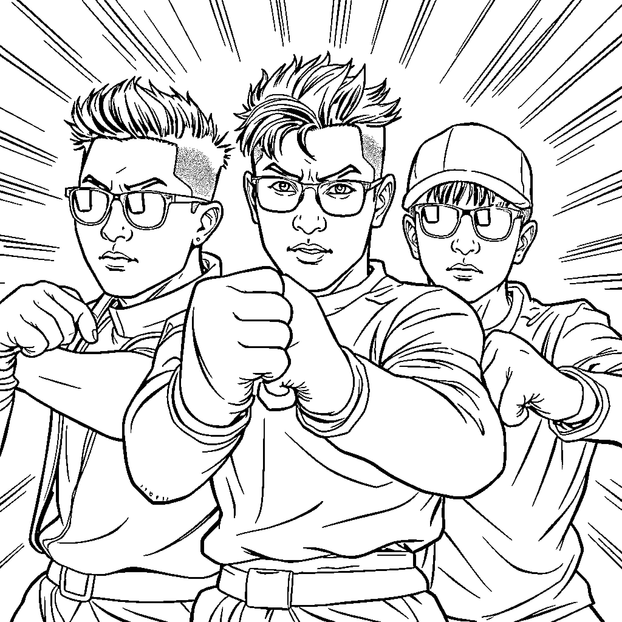 Protagonistas in action-packed confrontation Coloring Page (free black-and-white line drawing printable PDF for all, from beginners to advanced learners, including children, teens, adults, and seniors)