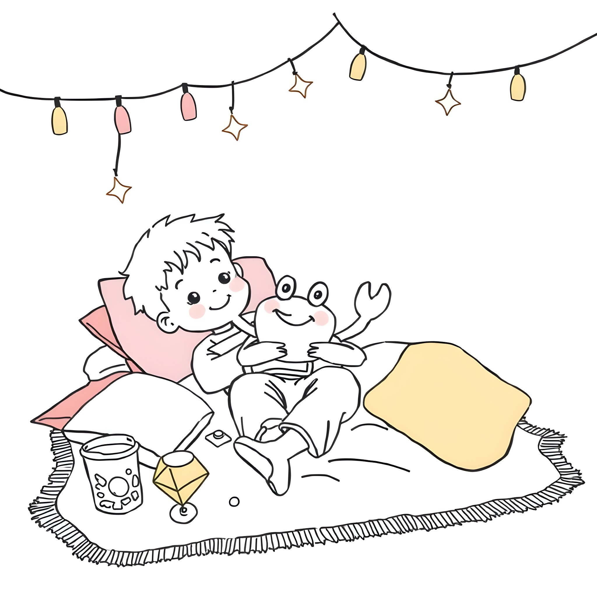 Crab cuddling with friend under festive lights Coloring Page (free black-and-white line drawing printable PDF for all, from beginners to advanced learners, including children, teens, adults, and seniors)