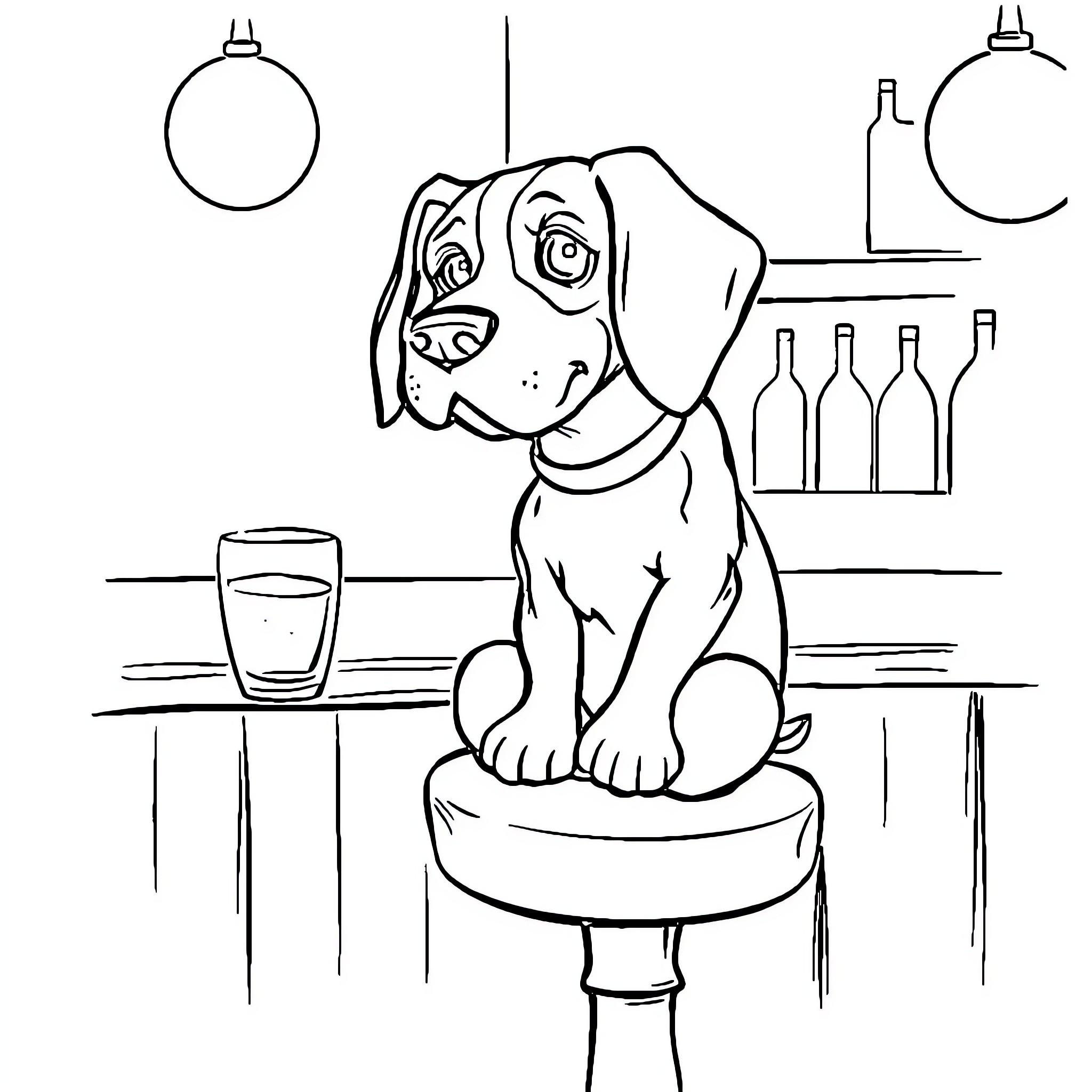 Beagle sitting at the bar Coloring Page (free black-and-white line drawing printable PDF for all, from beginners to advanced learners, including children, teens, adults, and seniors)