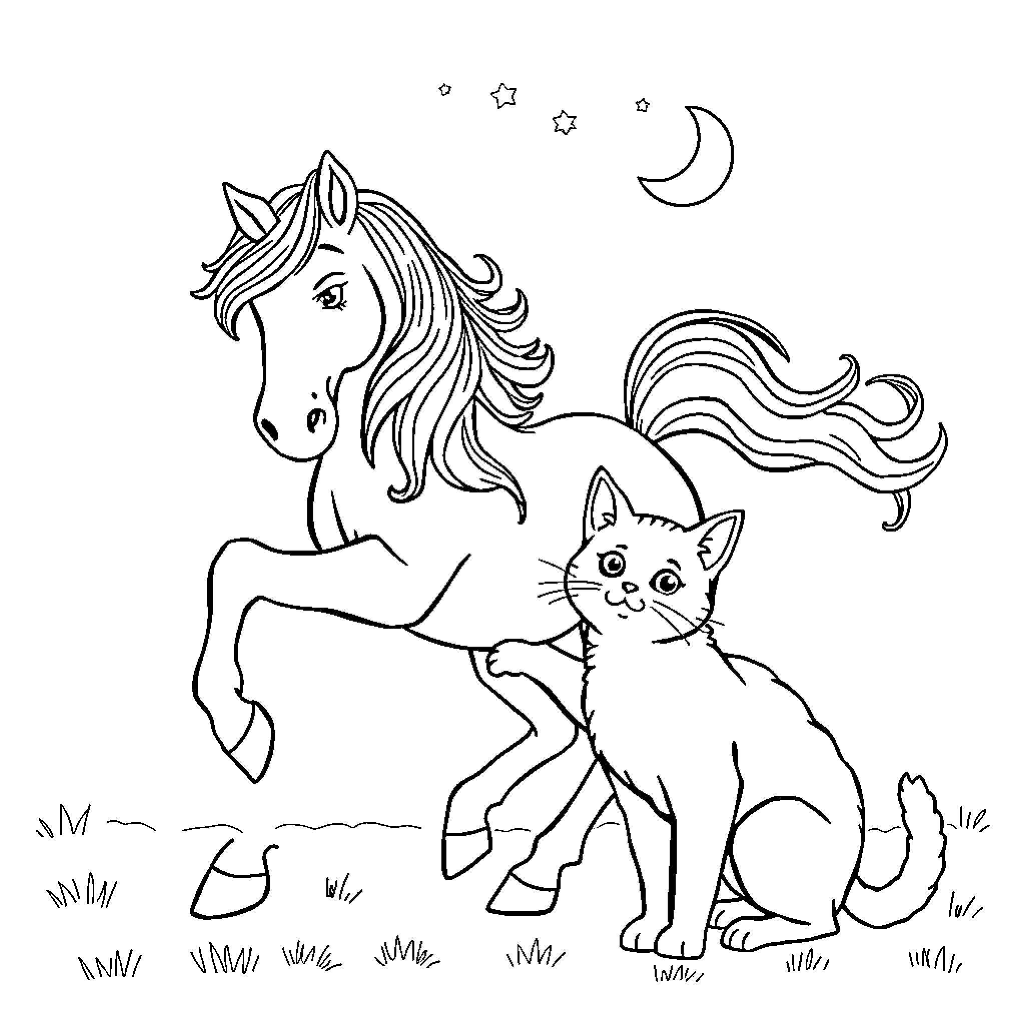 Horse and Cat Exploring under the Starry Night Coloring Page (free black-and-white line drawing printable PDF for all, from beginners to advanced learners, including children, teens, adults, and seniors)
