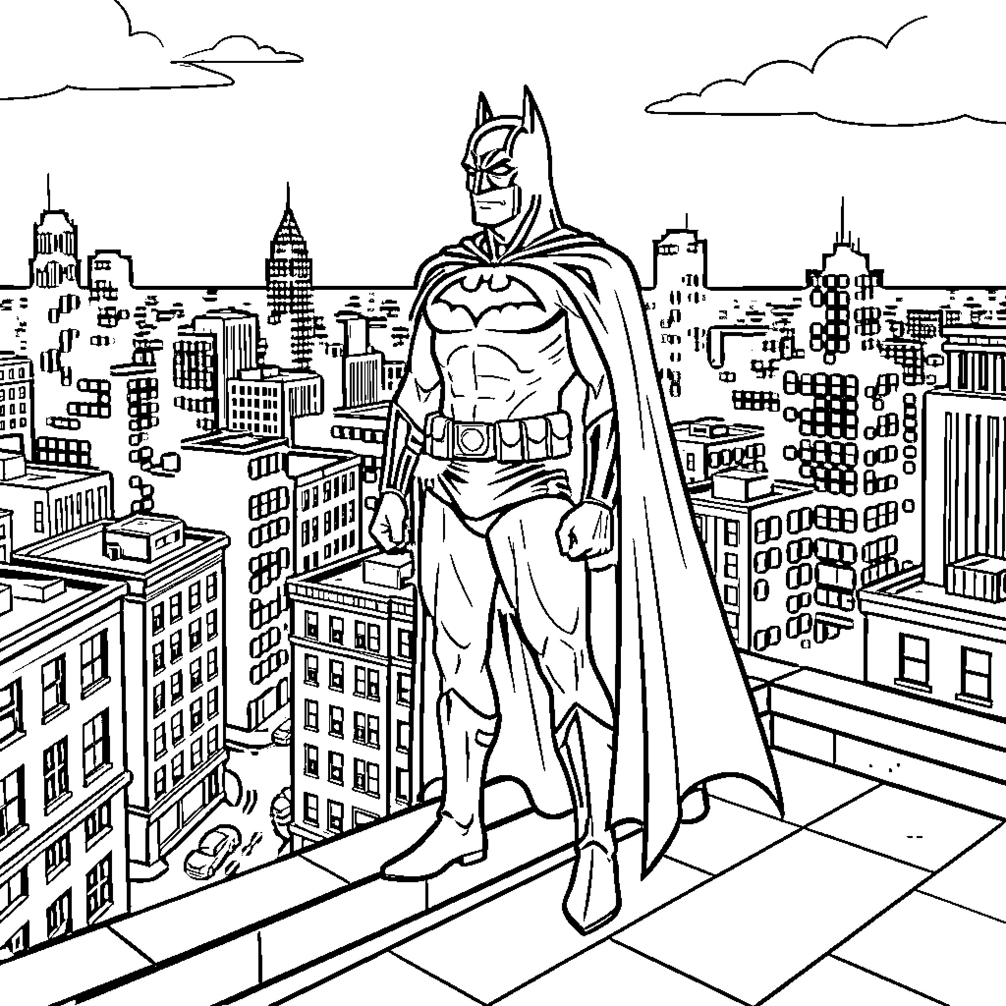 Batman standing tall above the city skyline Coloring Page (free black-and-white line drawing printable PDF for all, from beginners to advanced learners, including children, teens, adults, and seniors)