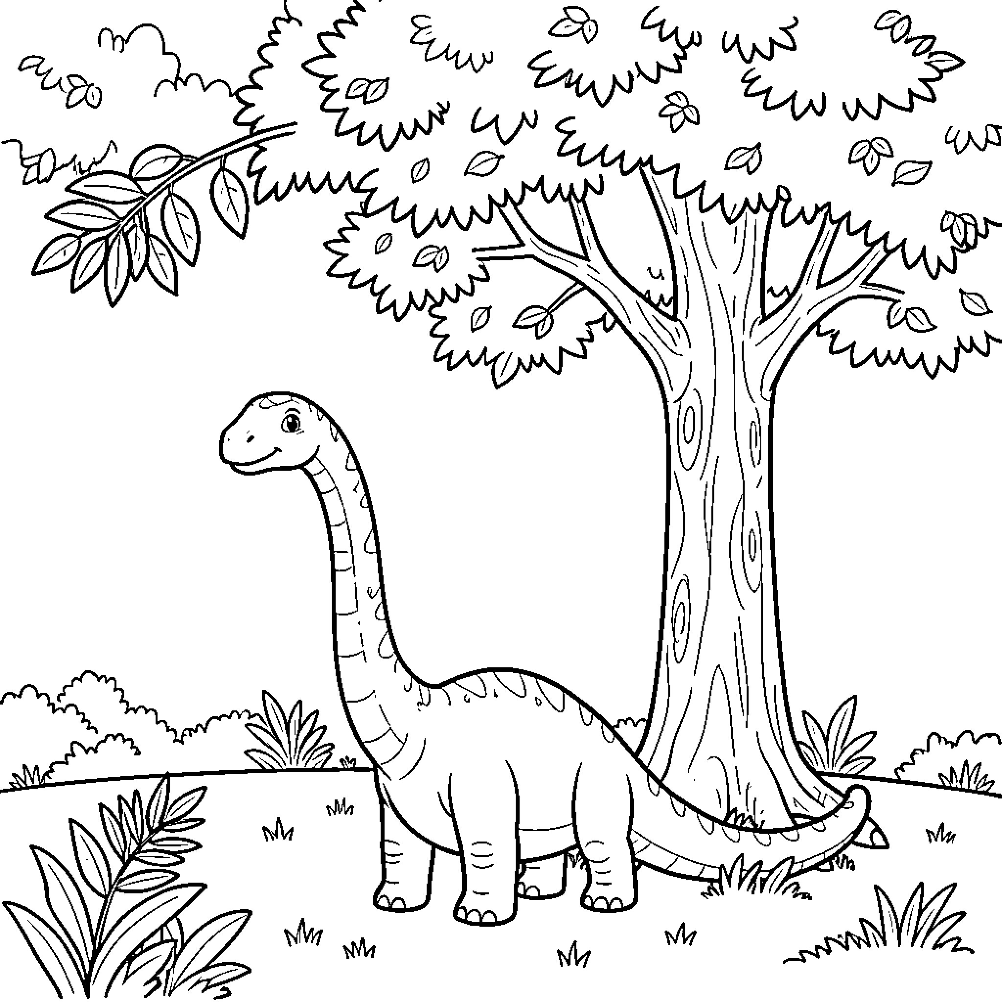 Diplodocus dinosaur in a natural setting Coloring Page (free black-and-white line drawing printable PDF for all, from beginners to advanced learners, including children, teens, adults, and seniors)
