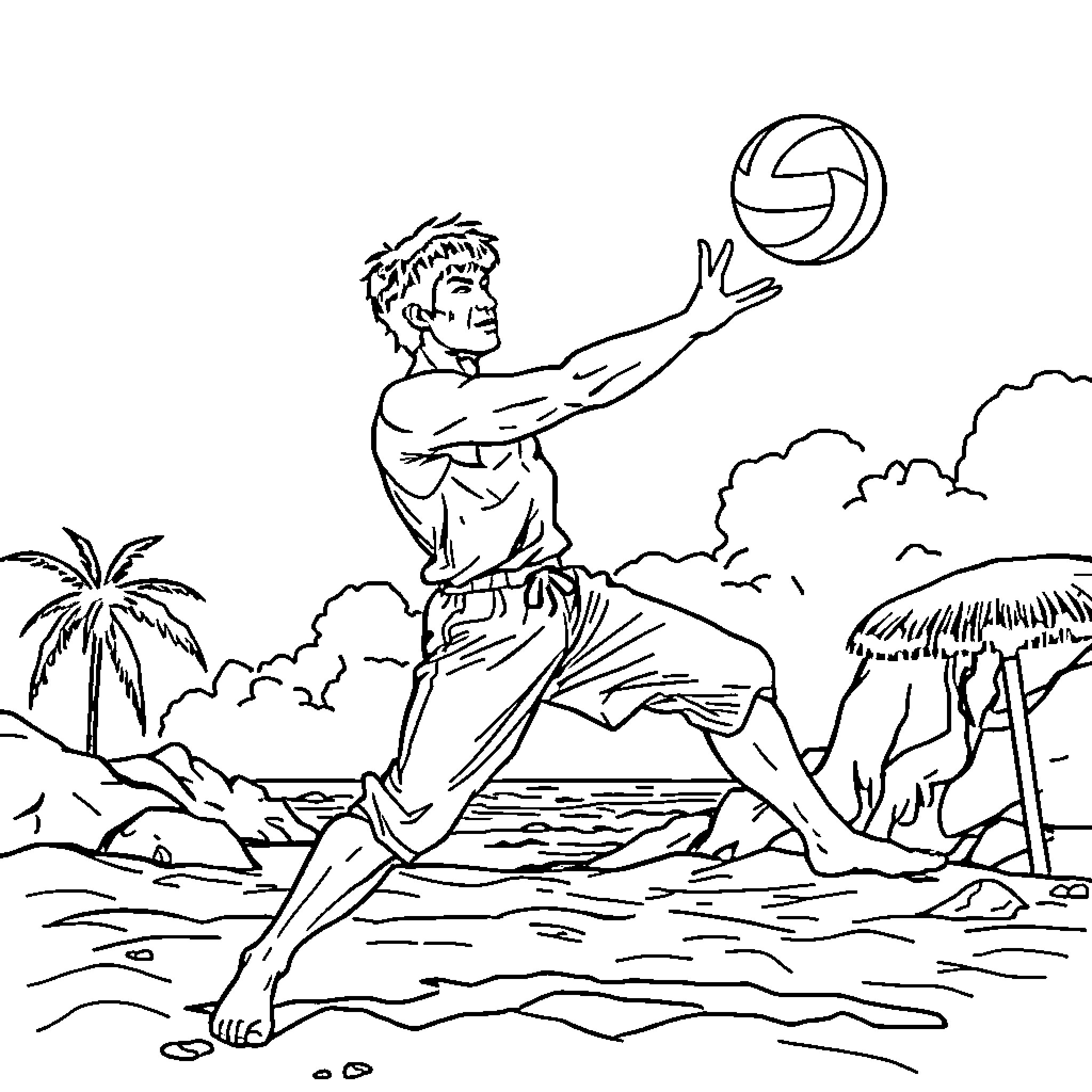 Bruce Lee playing volleyball at the beach Coloring Page (free black-and-white line drawing printable PDF for all, from beginners to advanced learners, including children, teens, adults, and seniors)