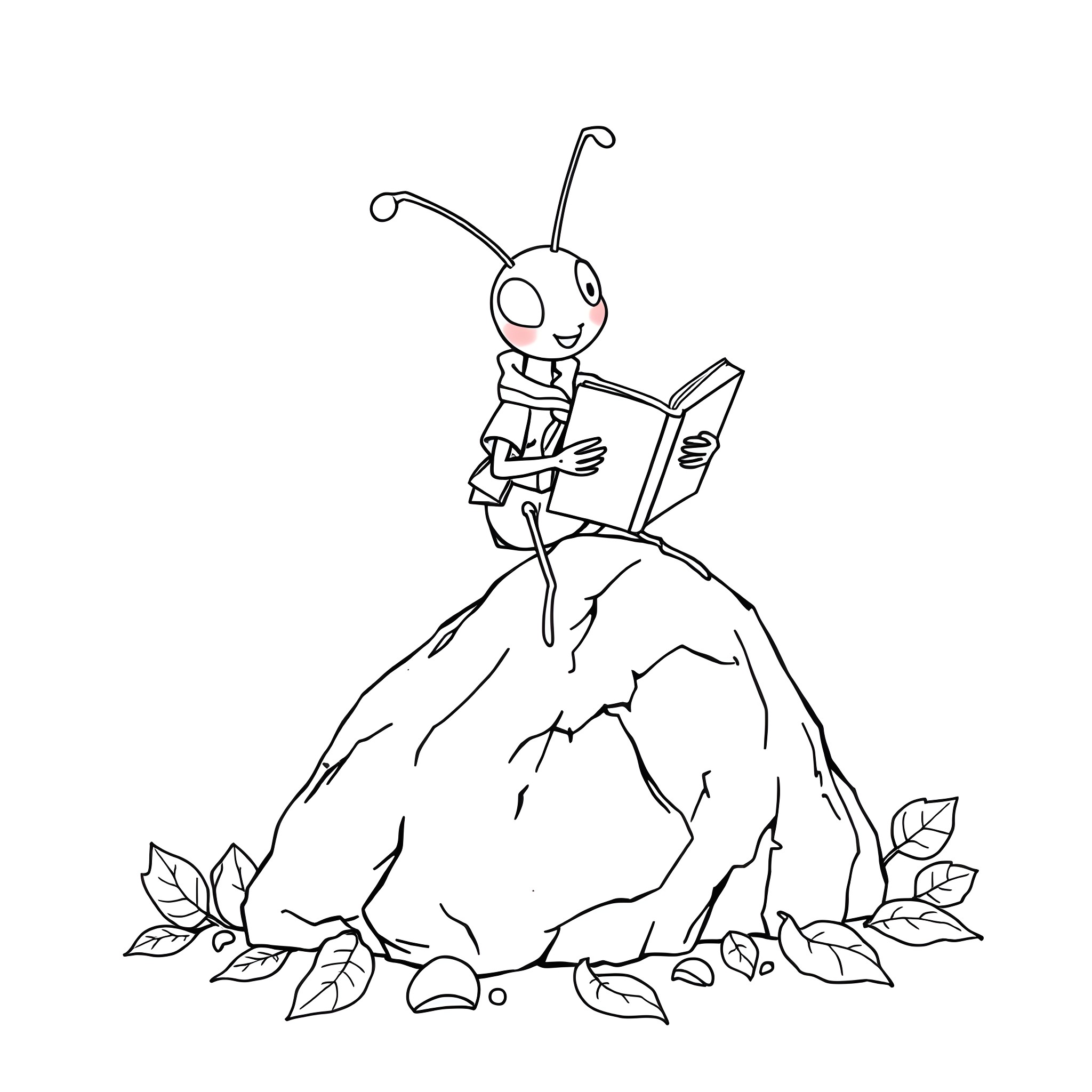 Ant reading a book on a rock Coloring Page (free black-and-white line drawing printable PDF for all, from beginners to advanced learners, including children, teens, adults, and seniors)