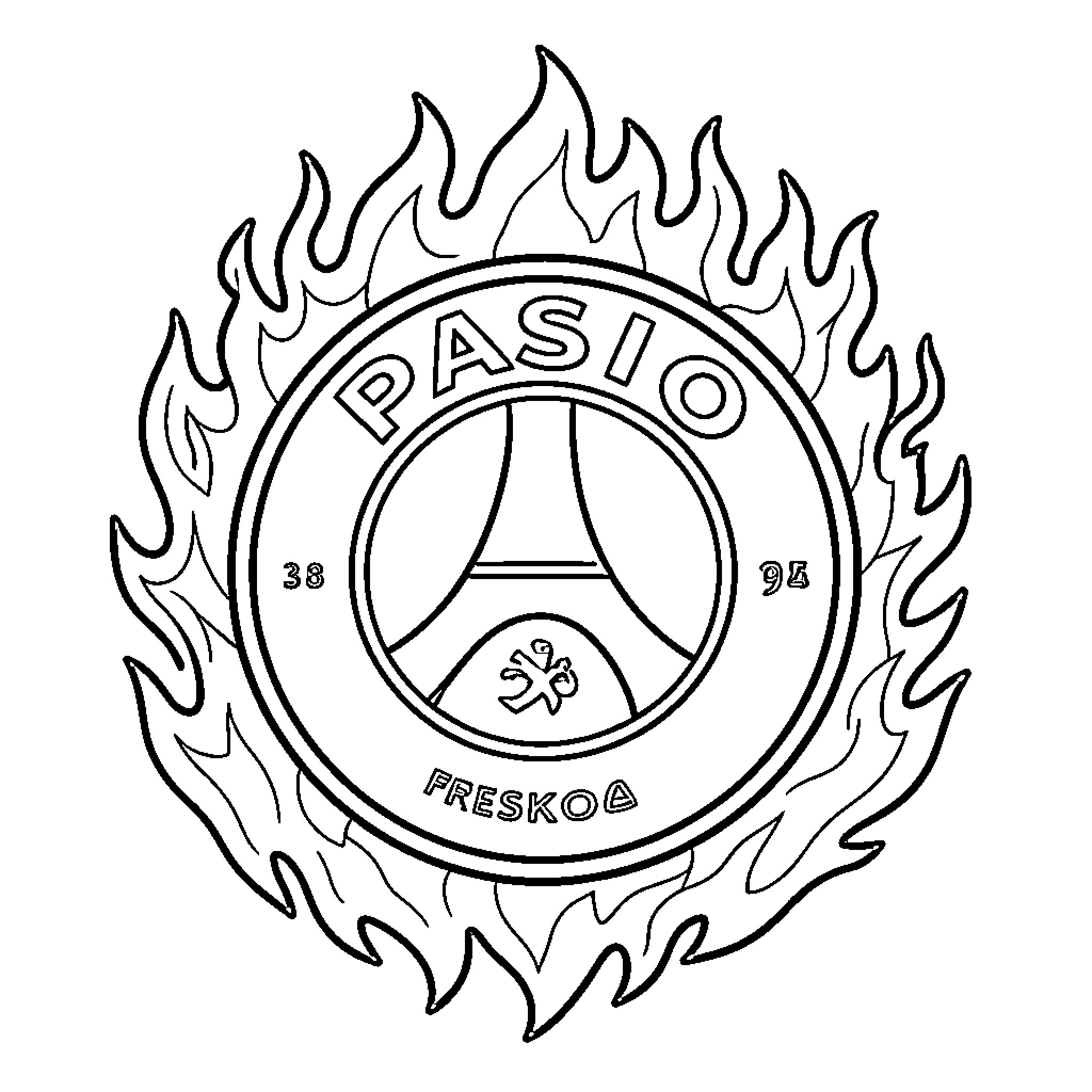 PSG logo design surrounded by energetic flames Coloring Page (free black-and-white line drawing printable PDF for all, from beginners to advanced learners, including children, teens, adults, and seniors)