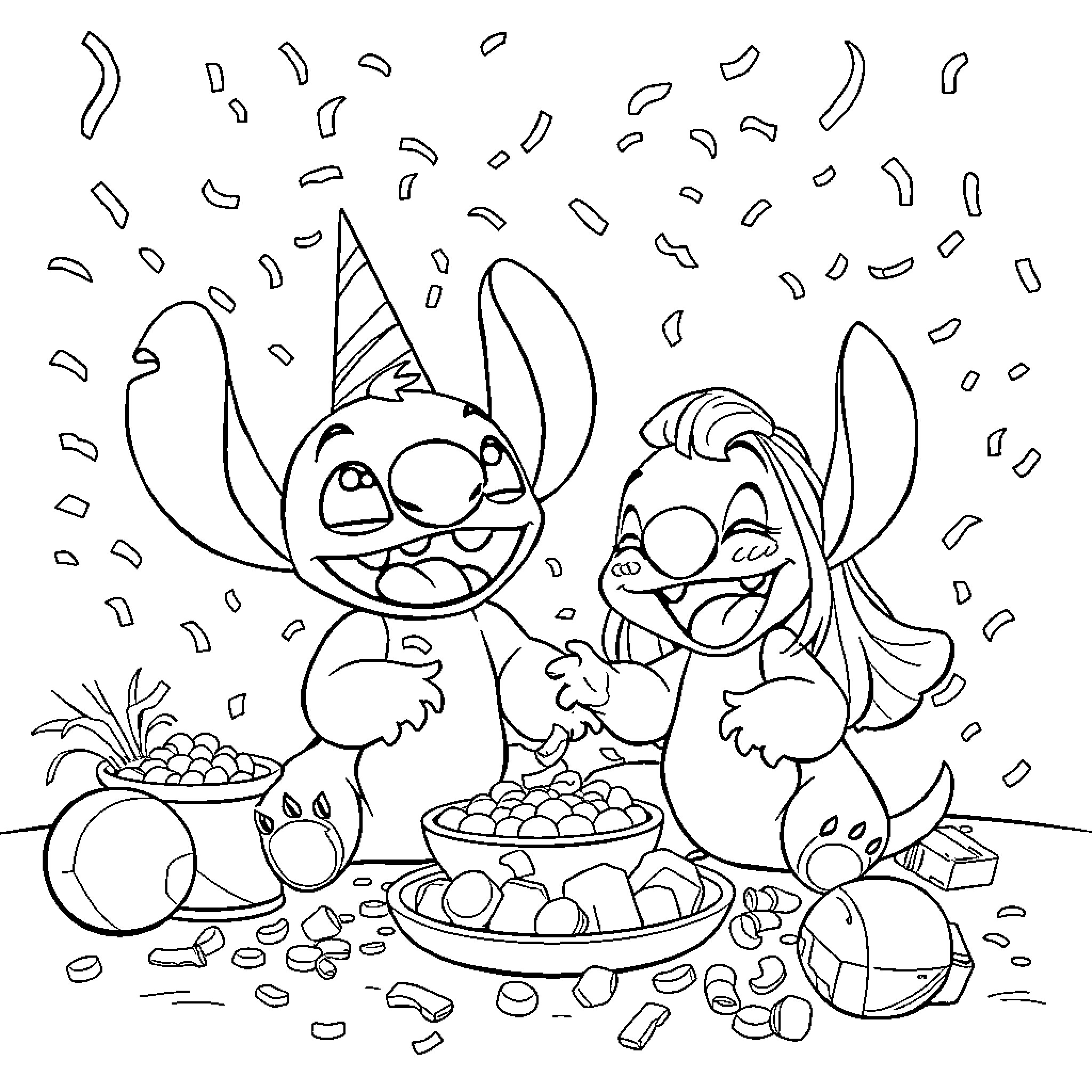 Stitch enjoying a party with friends Coloring Page (free black-and-white line drawing printable PDF for all, from beginners to advanced learners, including children, teens, adults, and seniors)