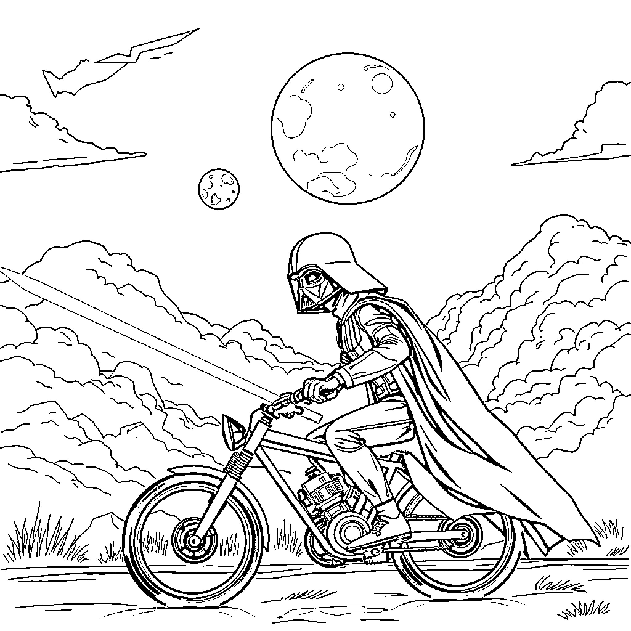 Darth Vader rides a motorcycle in a futuristic landscape Coloring Page (free black-and-white line drawing printable PDF for all, from beginners to advanced learners, including children, teens, adults, and seniors)
