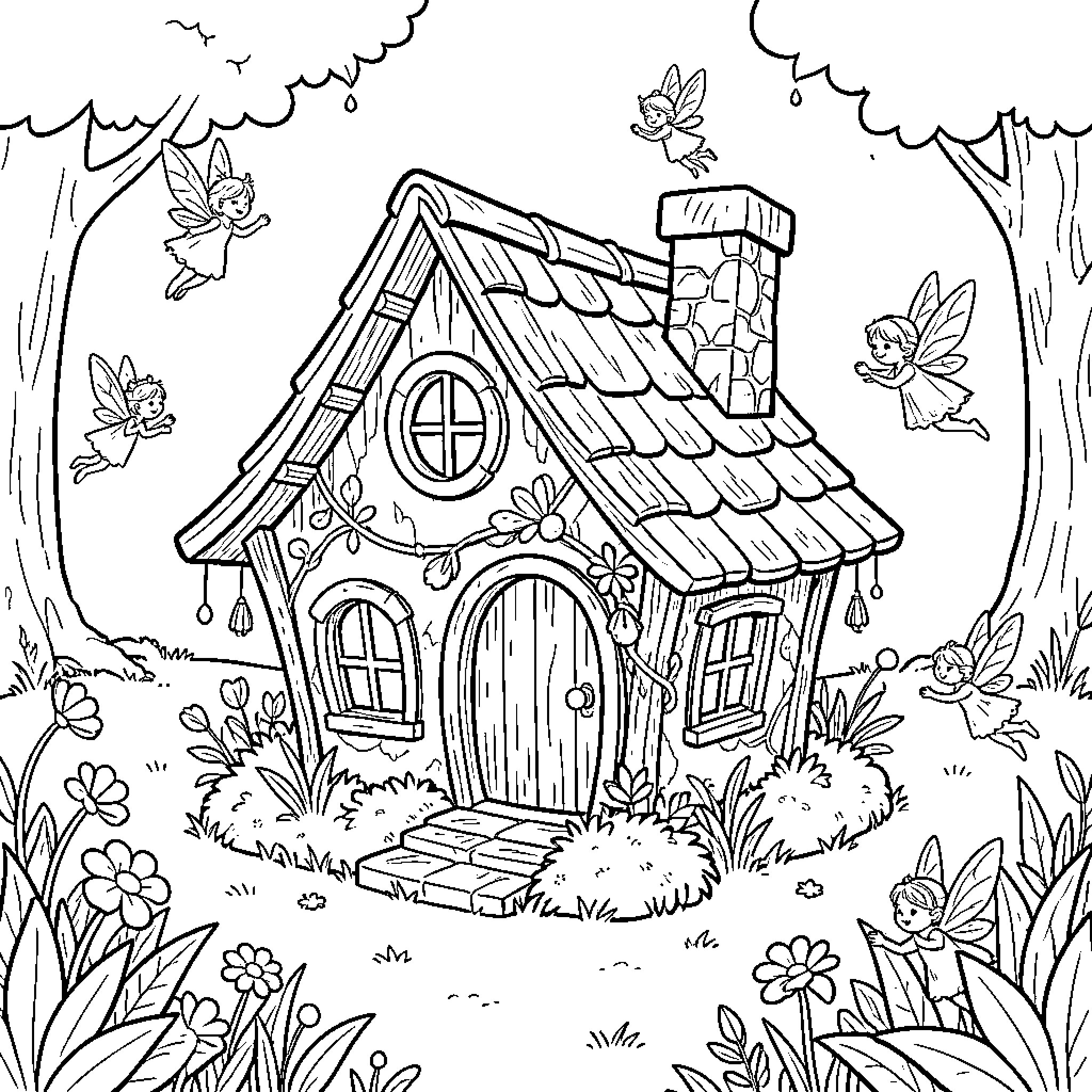 Fairy House with Whimsical Woodland Creatures Coloring Page (free black-and-white line drawing printable PDF for all, from beginners to advanced learners, including children, teens, adults, and seniors)