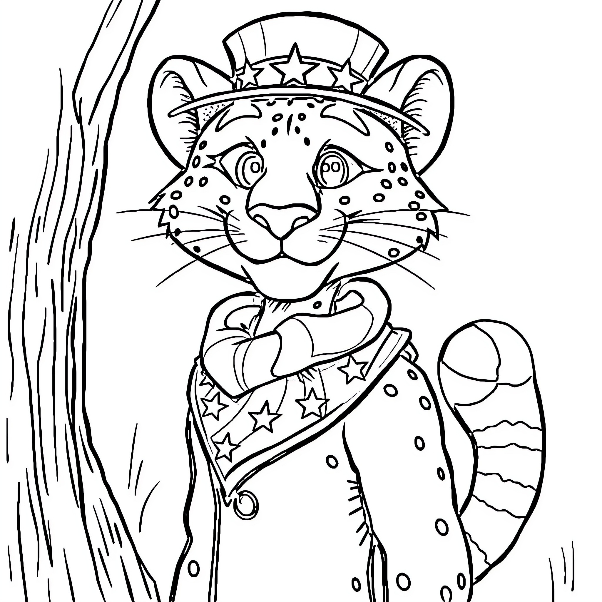 Chester Cheetah dressed in patriotic costume Coloring Page (free black-and-white line drawing printable PDF for all, from beginners to advanced learners, including children, teens, adults, and seniors)