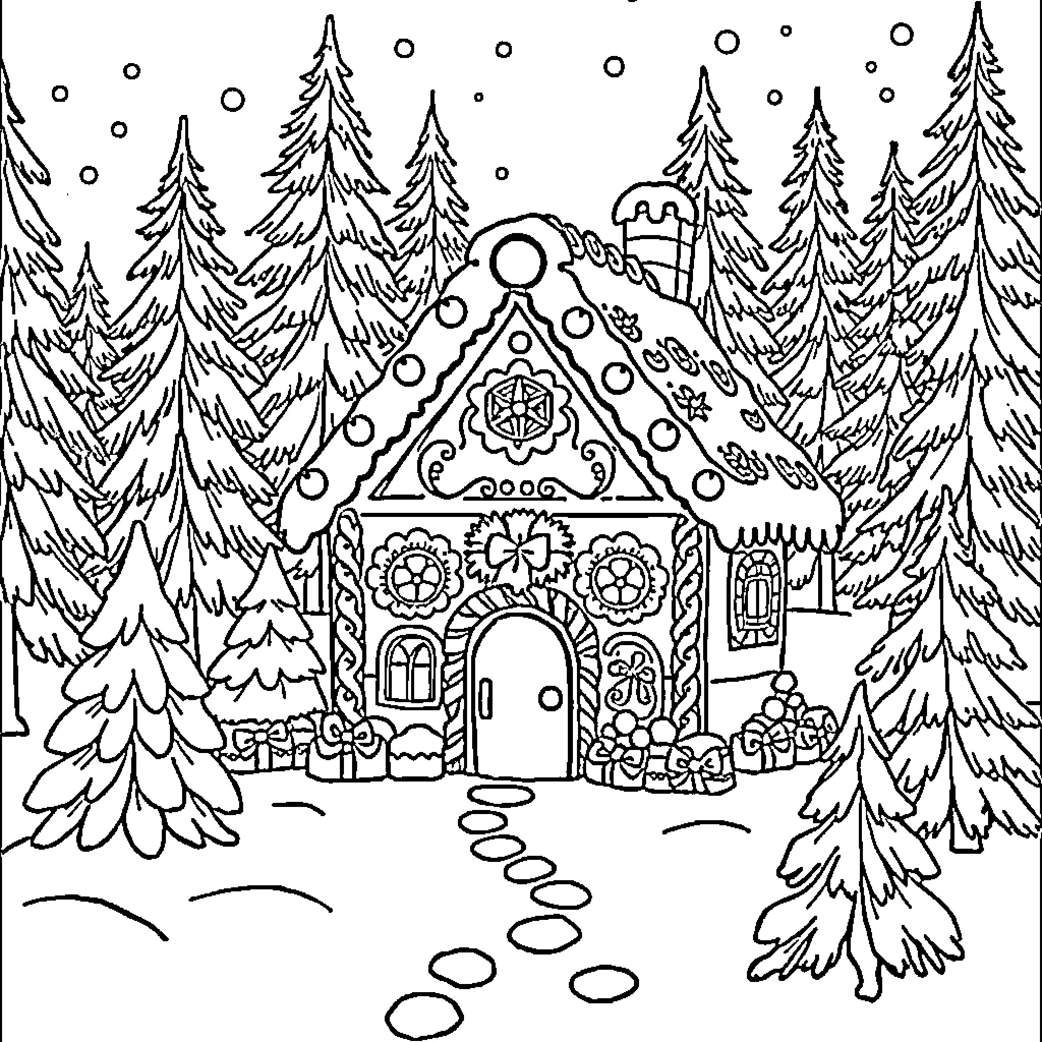 Gingerbread House in Snowy Forest Landscape Coloring Page (free black-and-white line drawing printable PDF for all, from beginners to advanced learners, including children, teens, adults, and seniors)