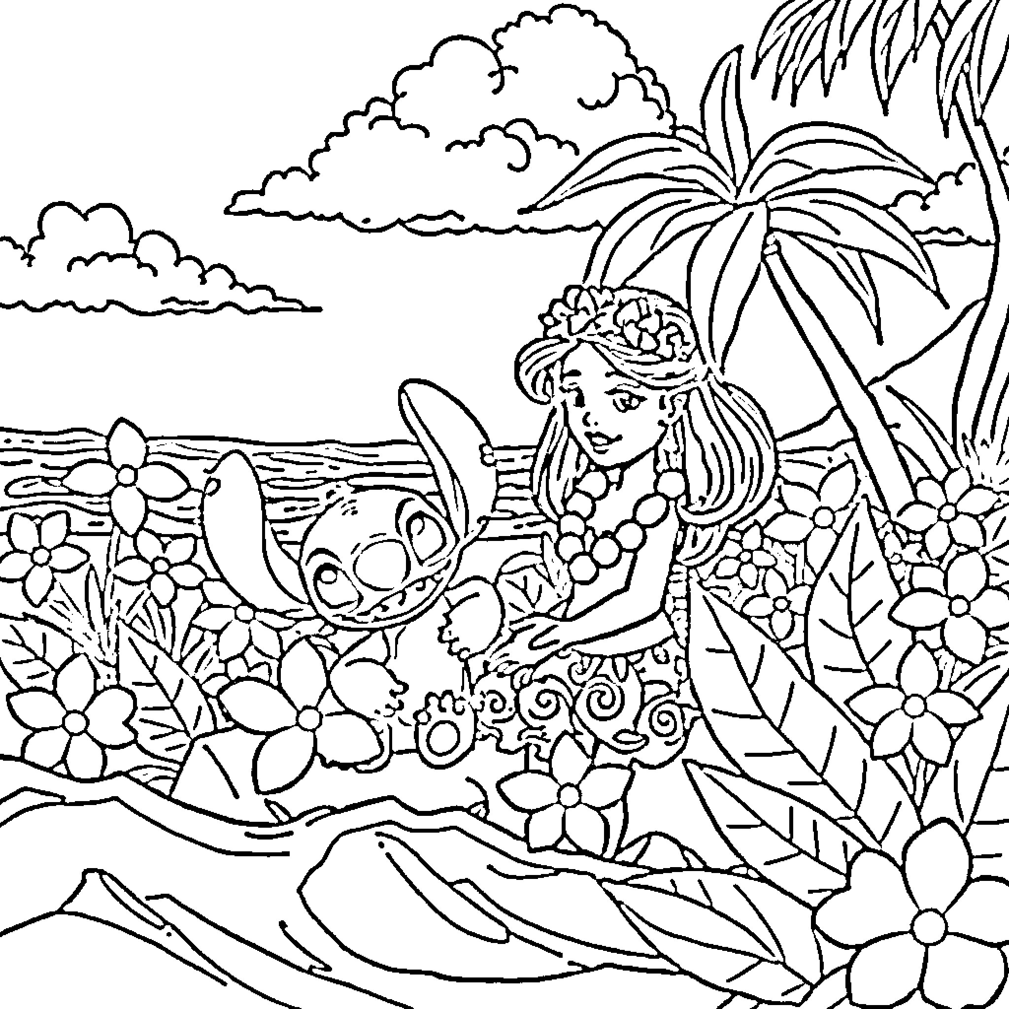 Lilo And Stitch playing in a tropical paradise Coloring Page (free black-and-white line drawing printable PDF for all, from beginners to advanced learners, including children, teens, adults, and seniors)