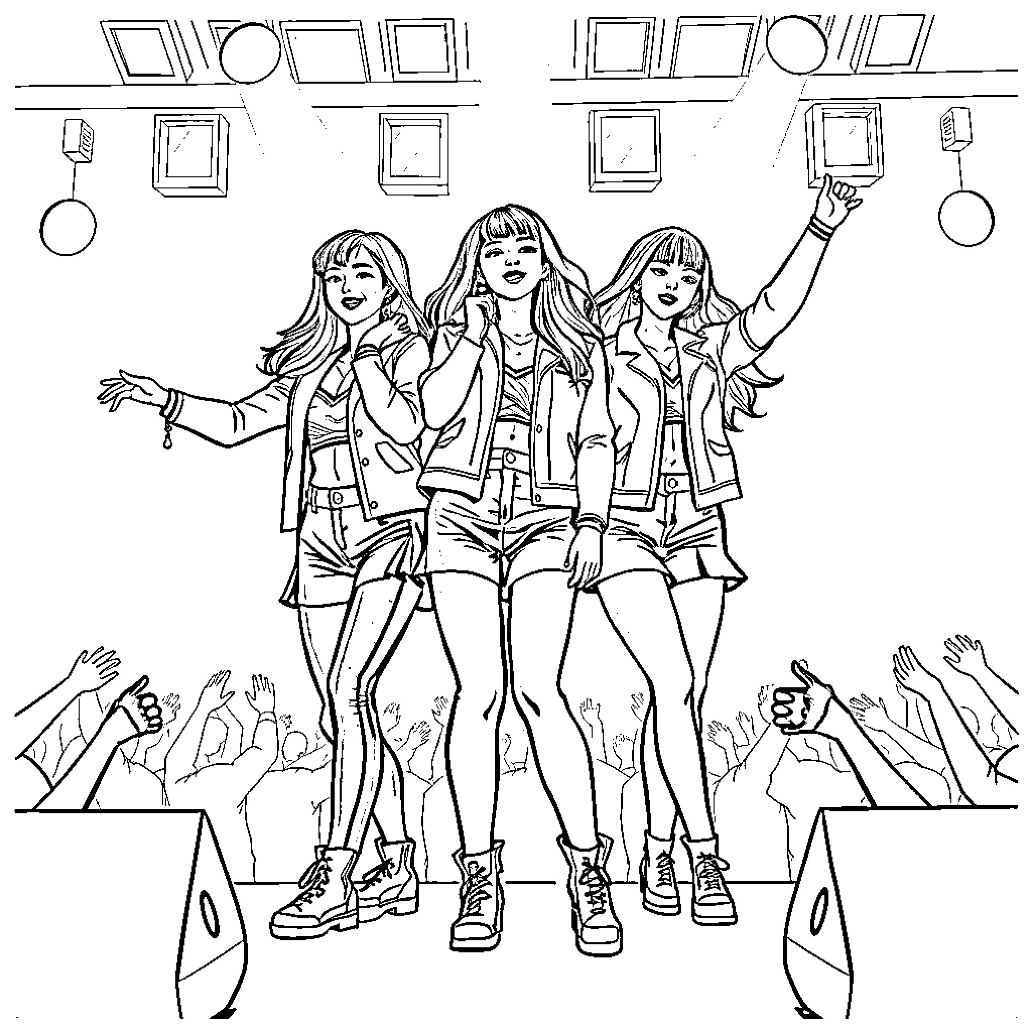 Kpop Trio Striking Confident Poses on Stage Coloring Page (free black-and-white line drawing printable PDF for all, from beginners to advanced learners, including children, teens, adults, and seniors)